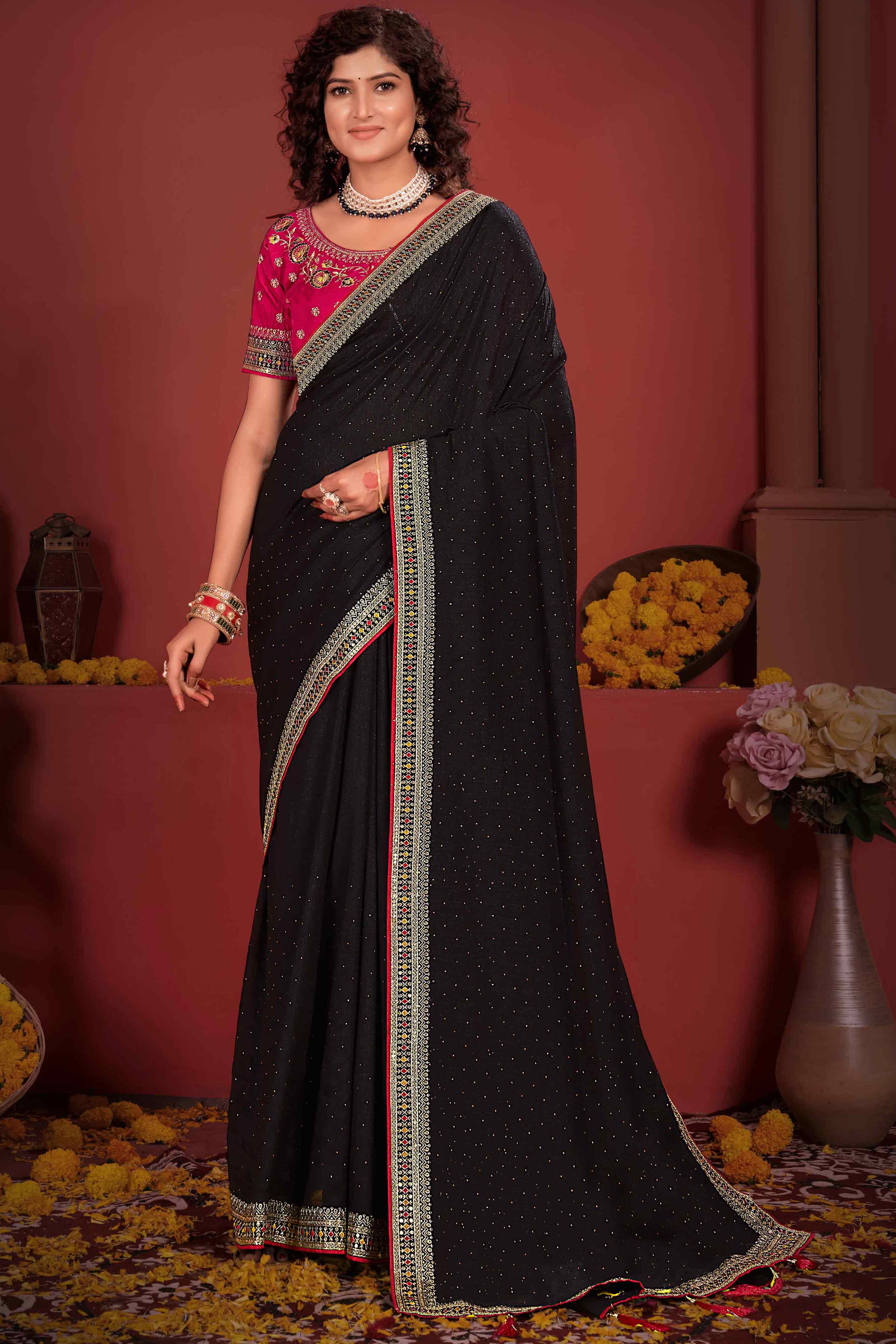 Black Swarovski Work Embroidered Vichitra Silk Saree