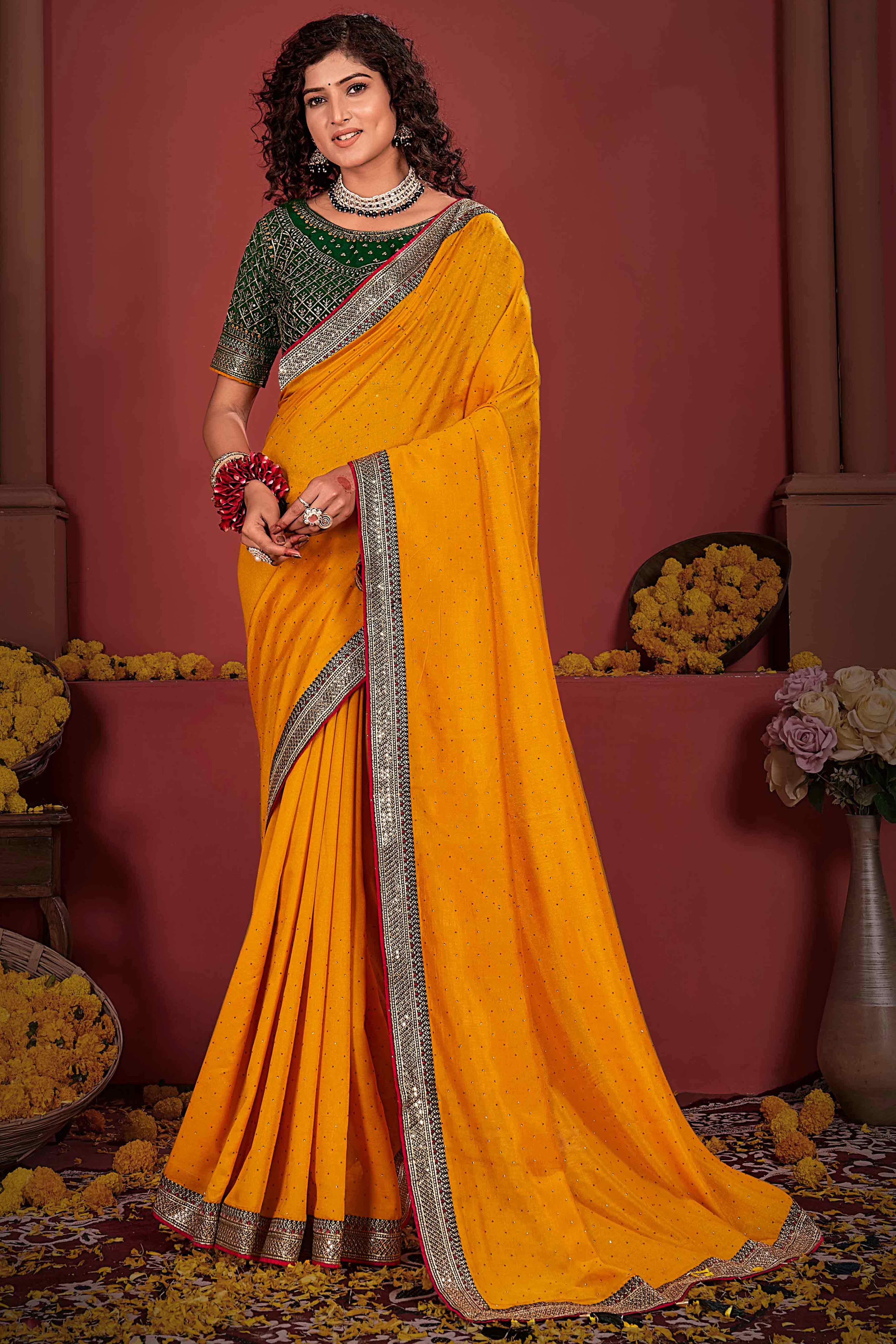 Mustard Swarovski Work Embroidered Vichitra Silk Saree