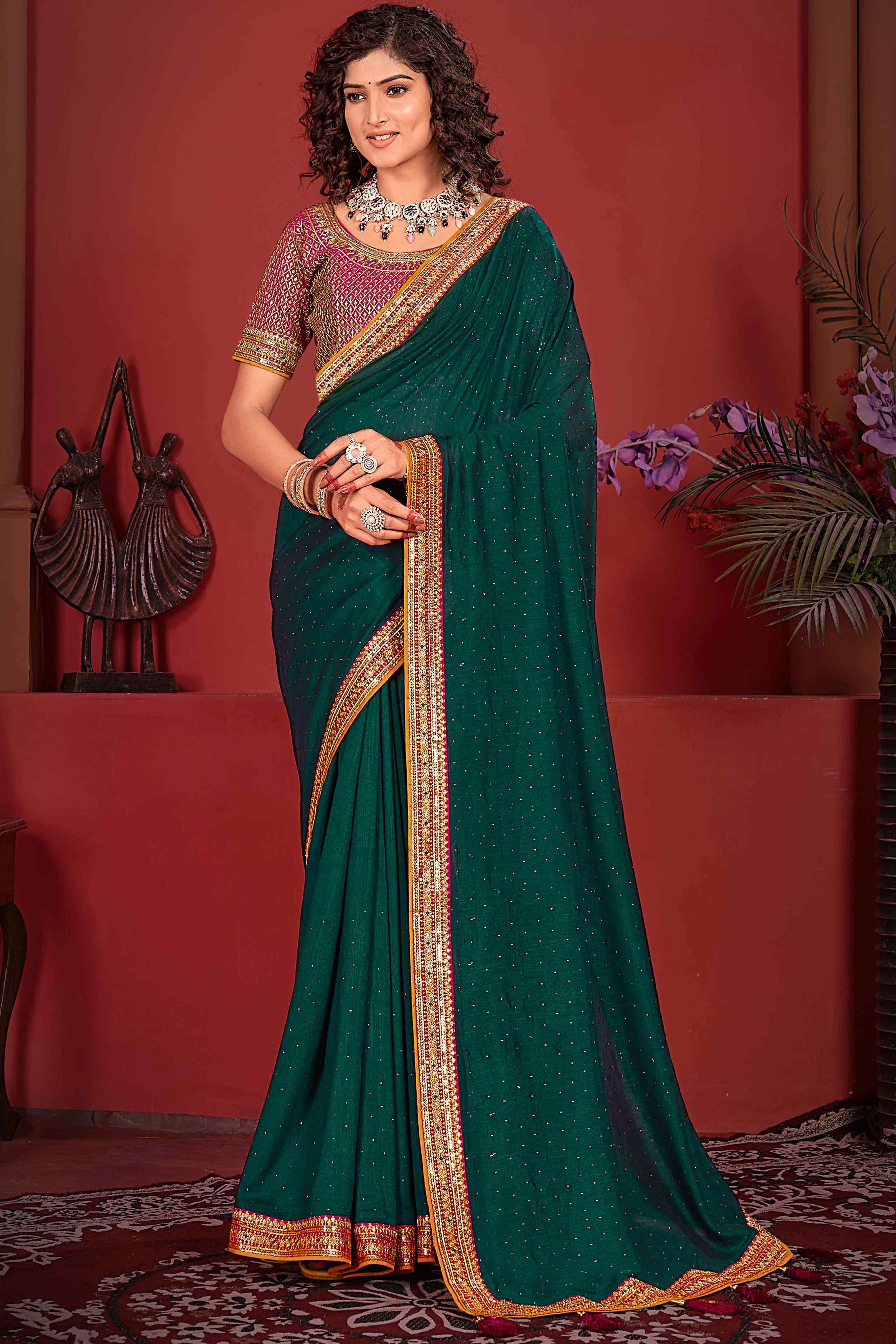 Morpich green Swarovski Work Embroidered Vichitra Silk Saree