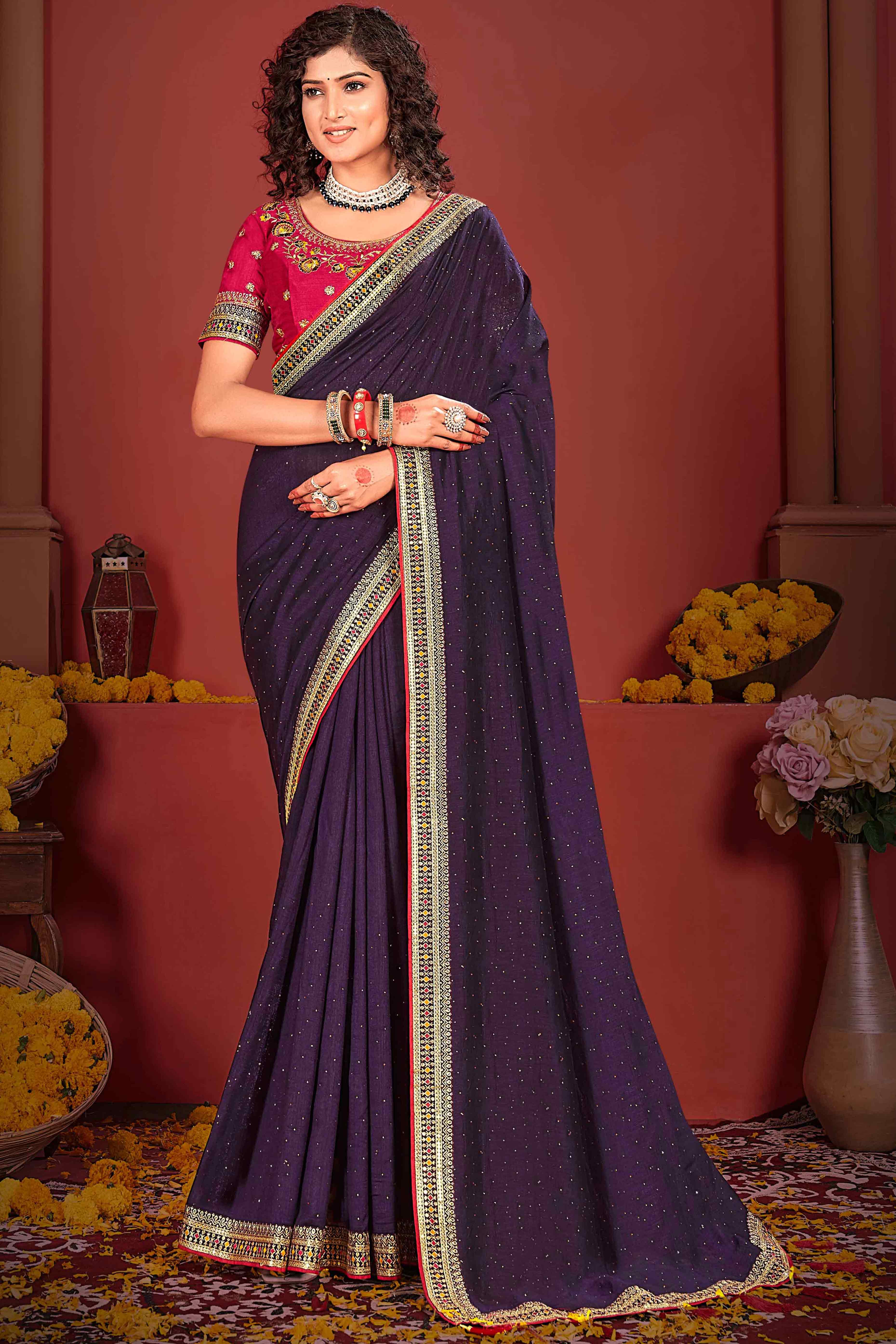 Wine Swarovski Work Embroidered Vichitra Silk Saree