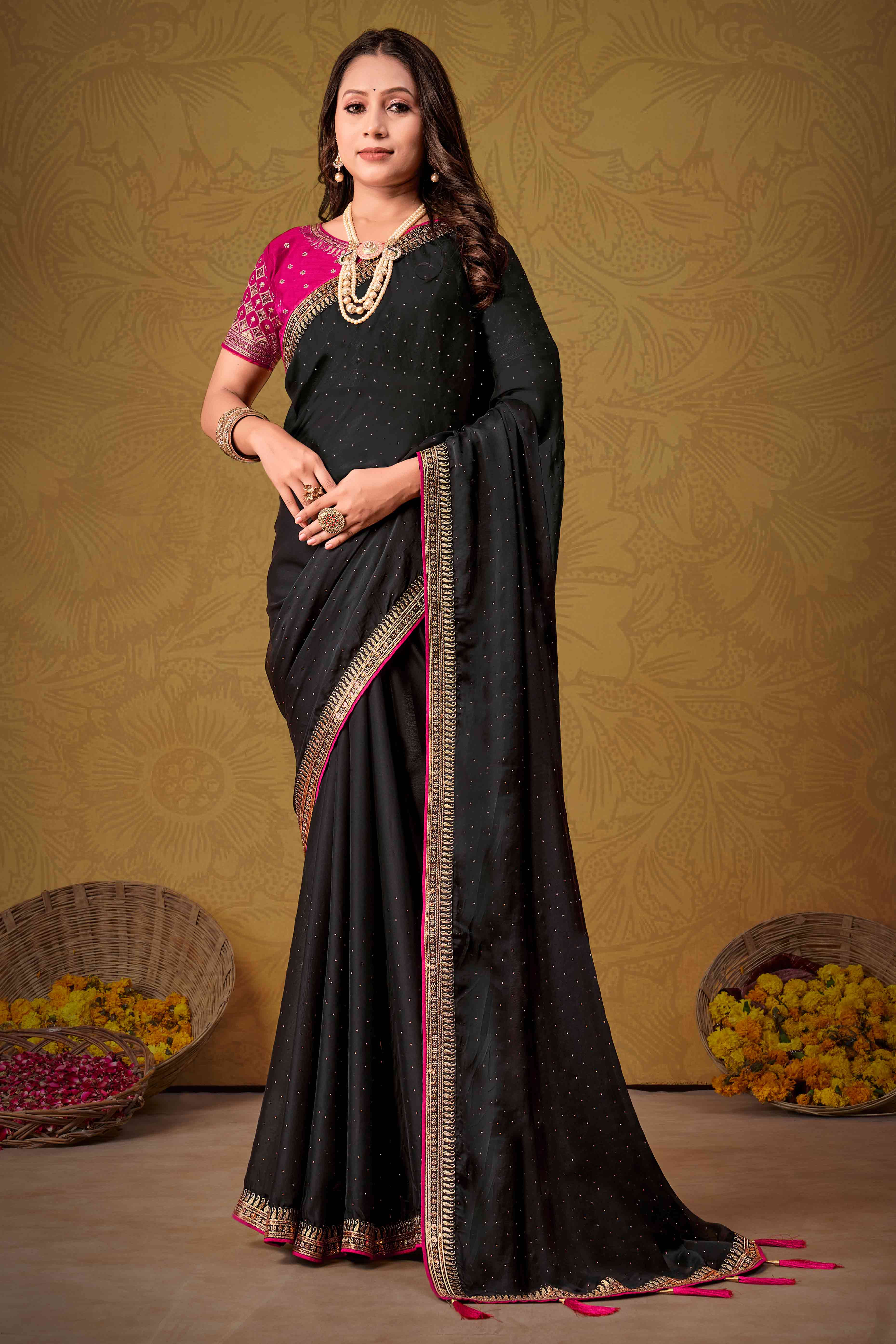 Black Swarovski Work Satin Saree With Designer Border