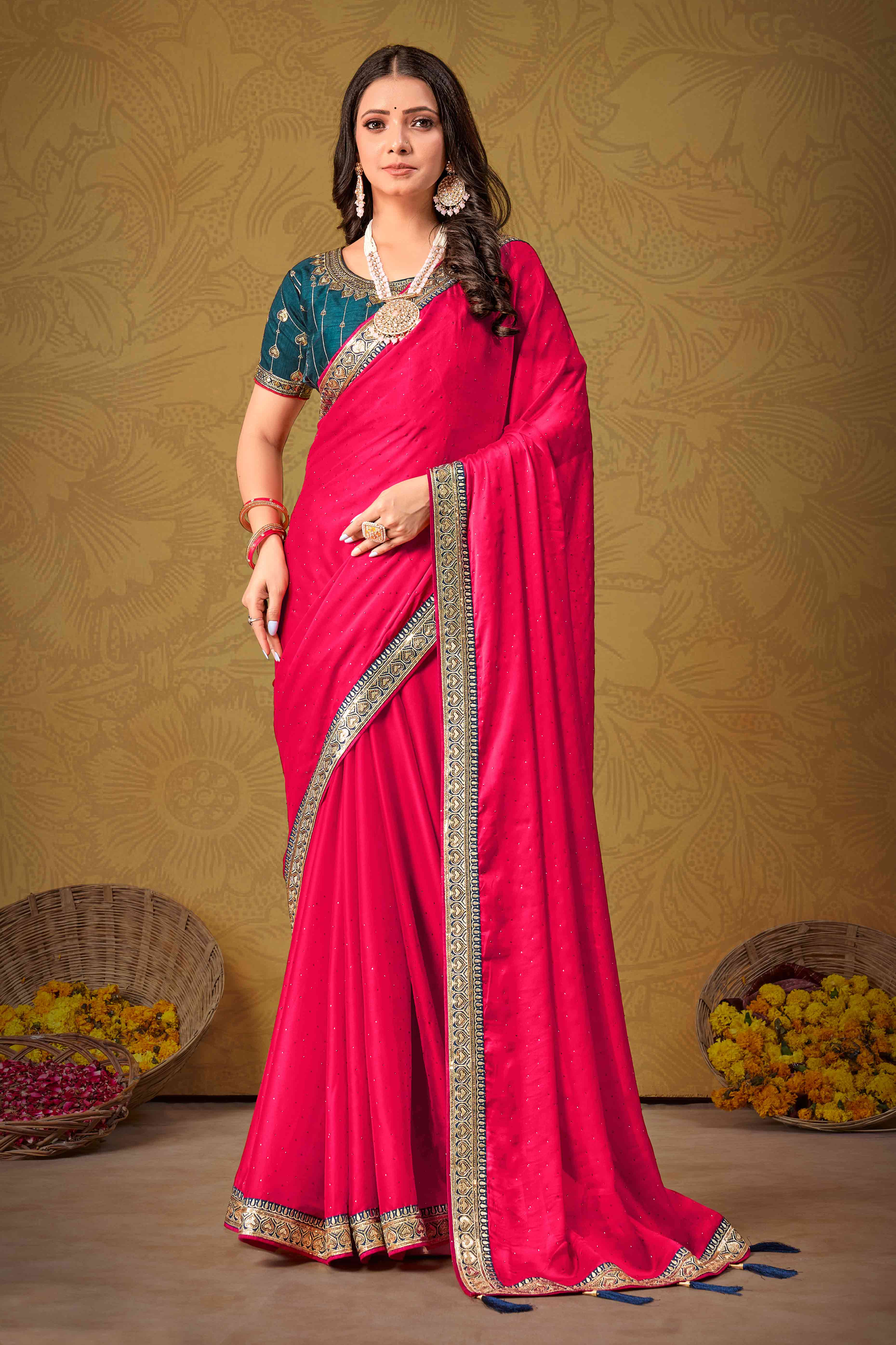 Pink Swarovski Work Satin Saree With Designer Border