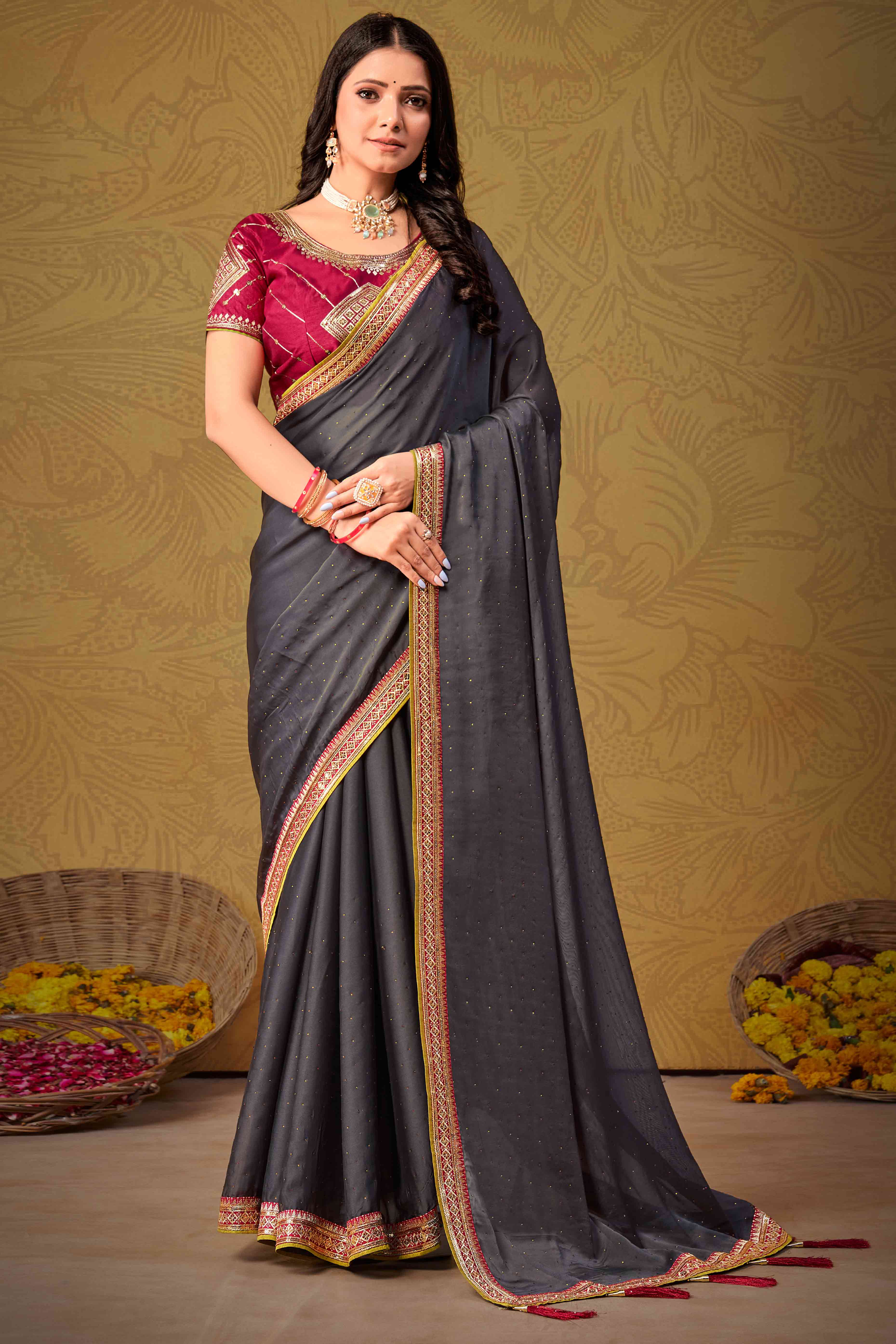 Grey Swarovski Work Satin Saree With Designer Border