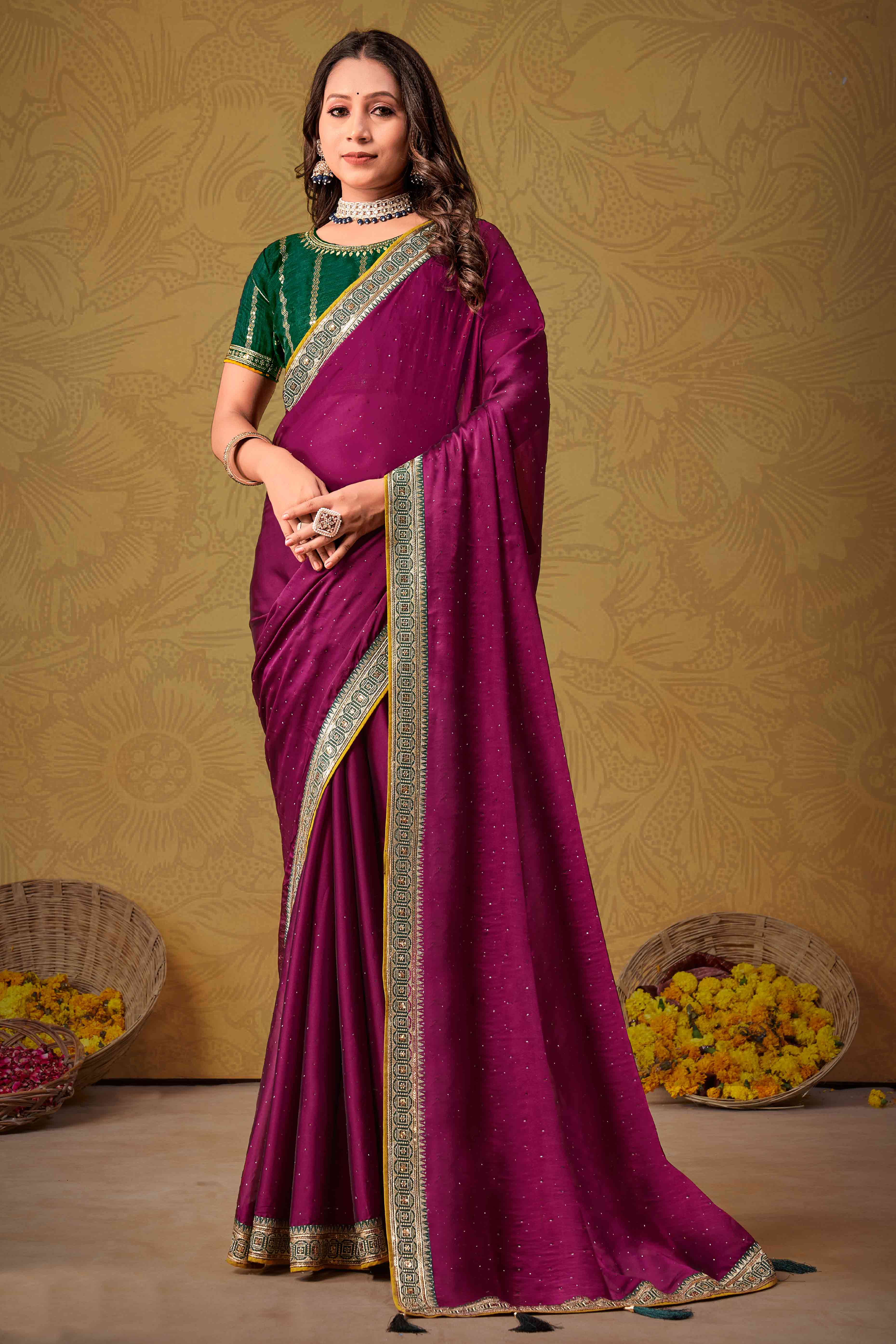 Magenta Swarovski Work Satin Saree With Designer Border