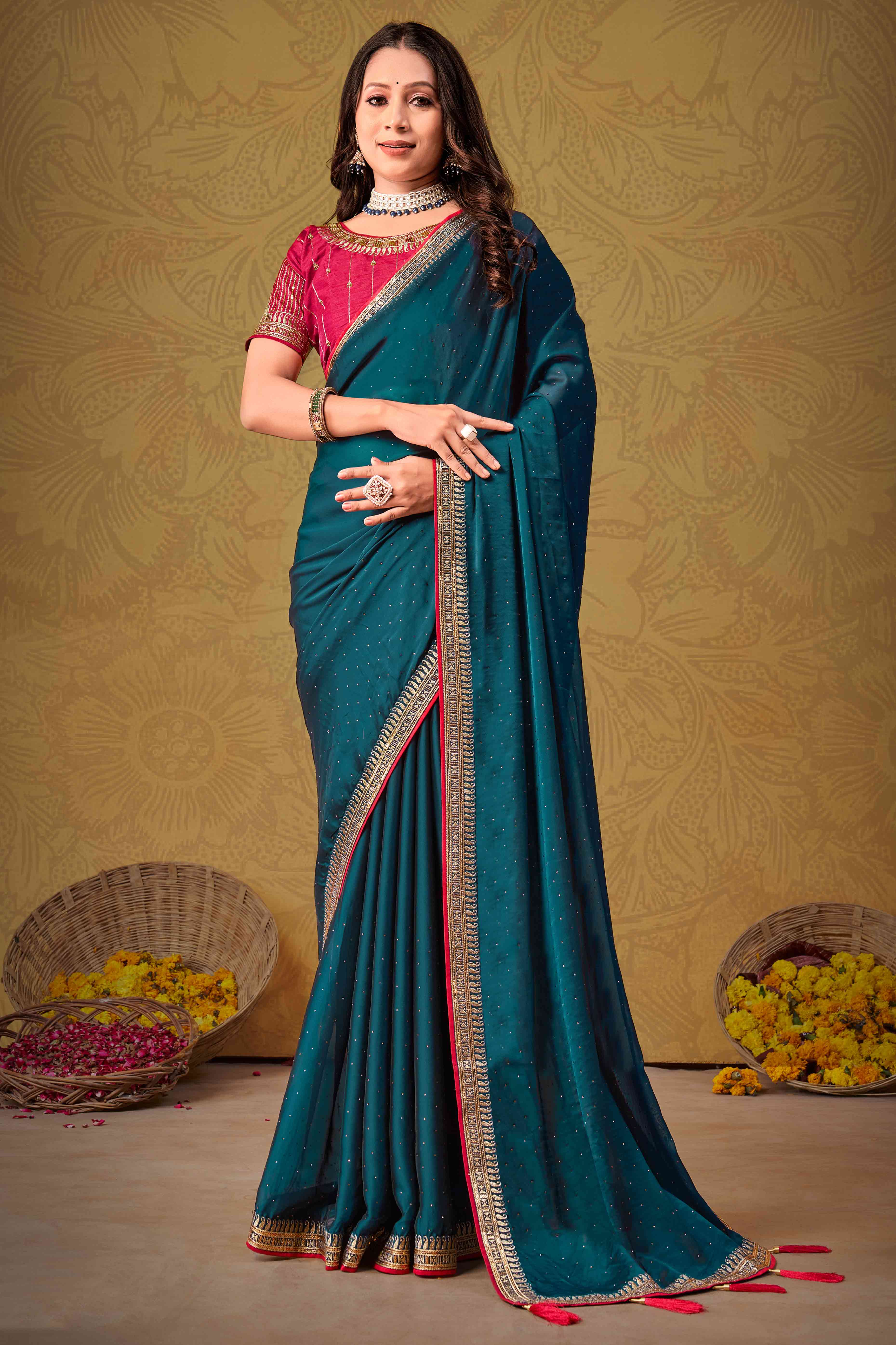 Teal Swarovski Work Satin Saree With Designer Border