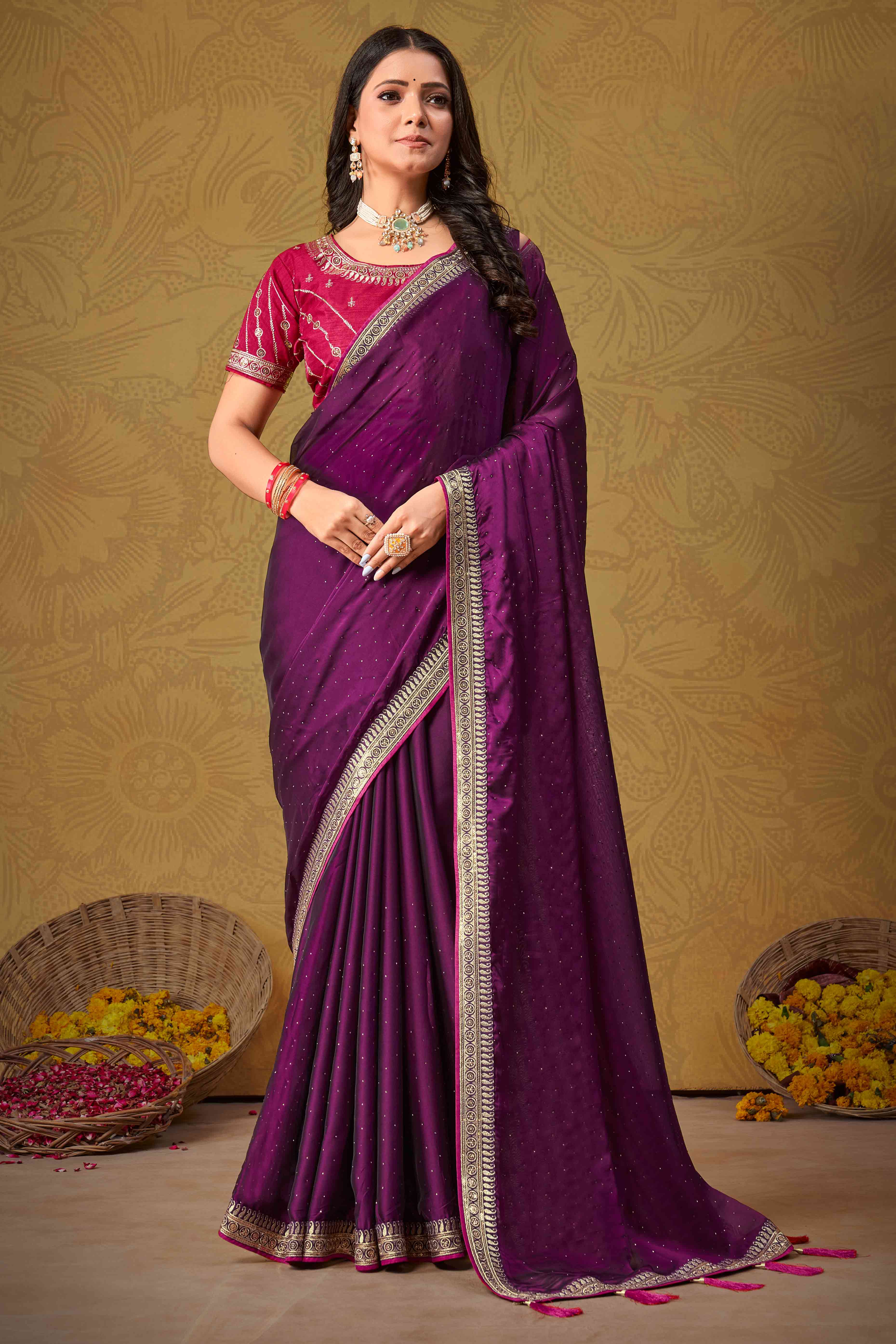 Wine Swarovski Work Satin Saree With Designer Border