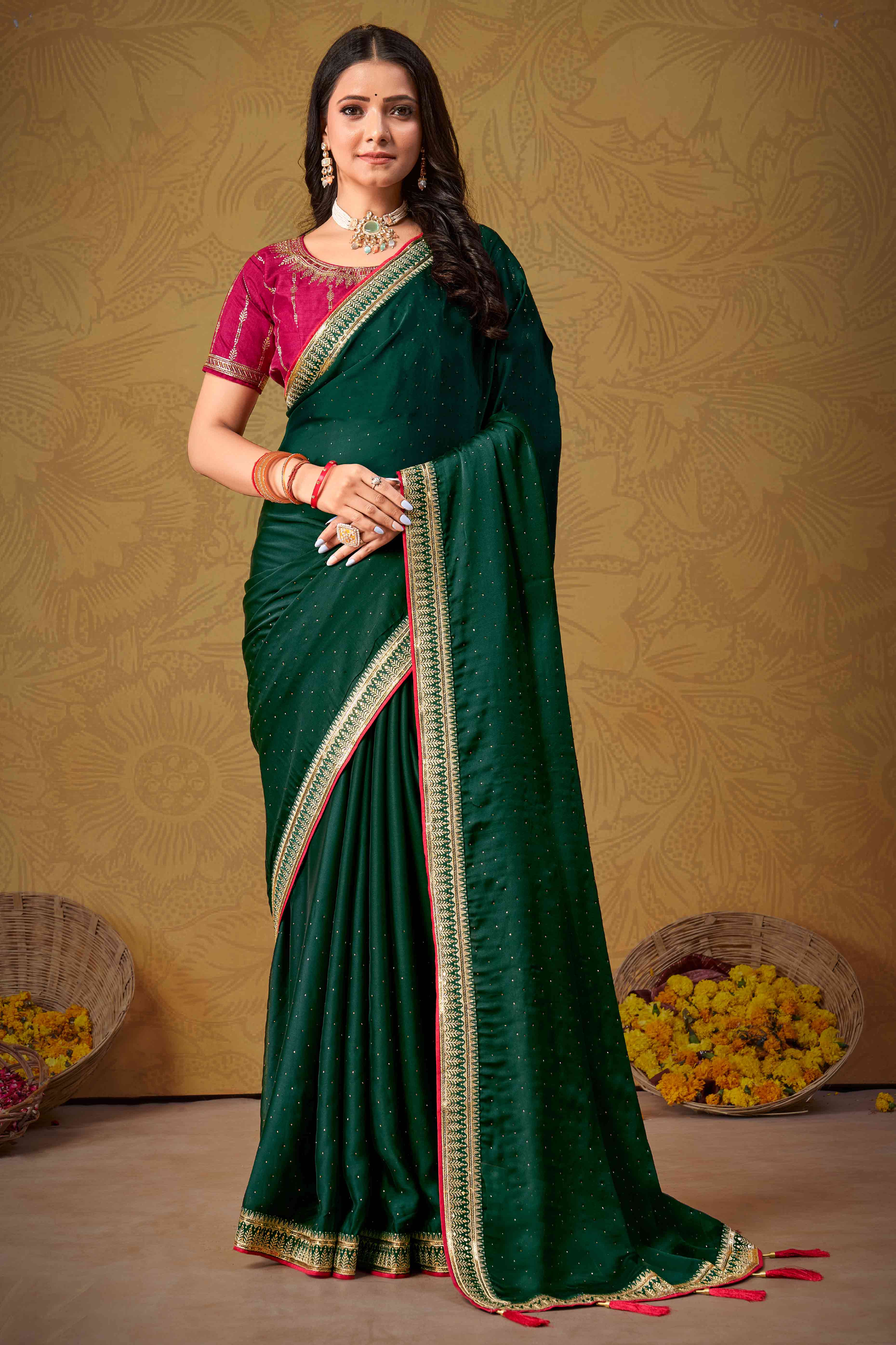 Green Swarovski Work Satin Saree With Designer Border