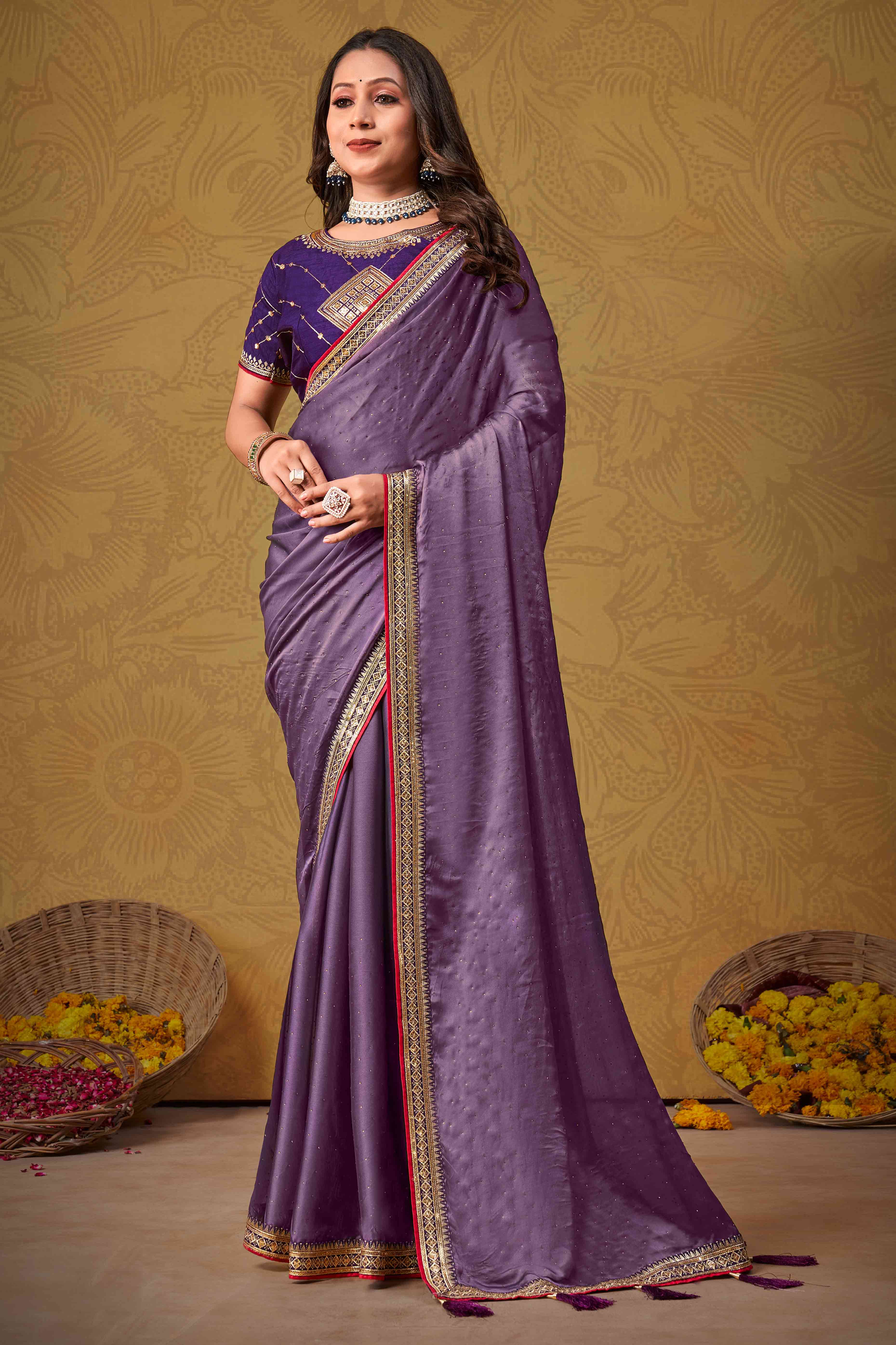 Purple Swarovski Work Satin Saree With Designer Border