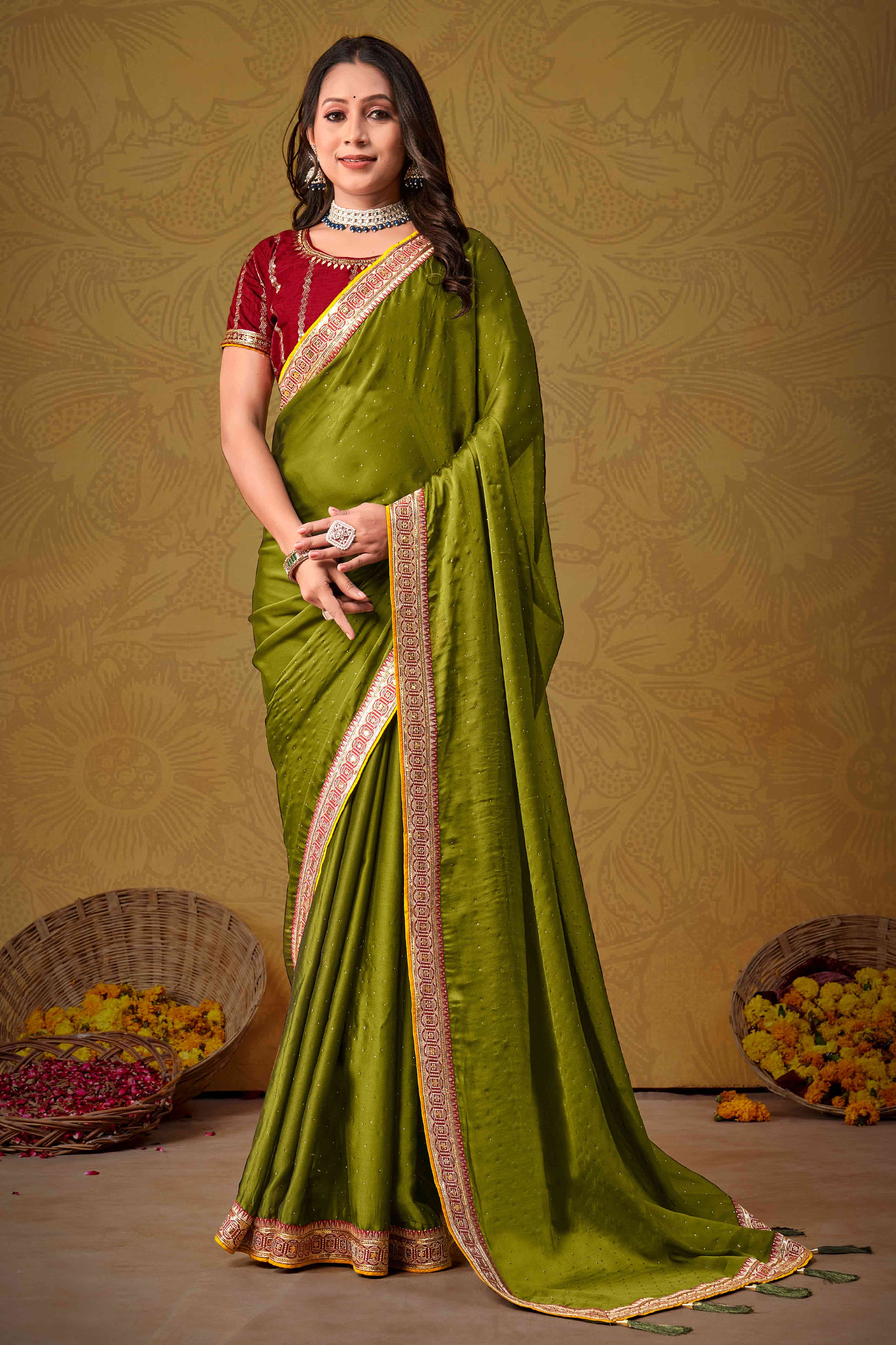 Olive Swarovski Work Satin Saree With Designer Border