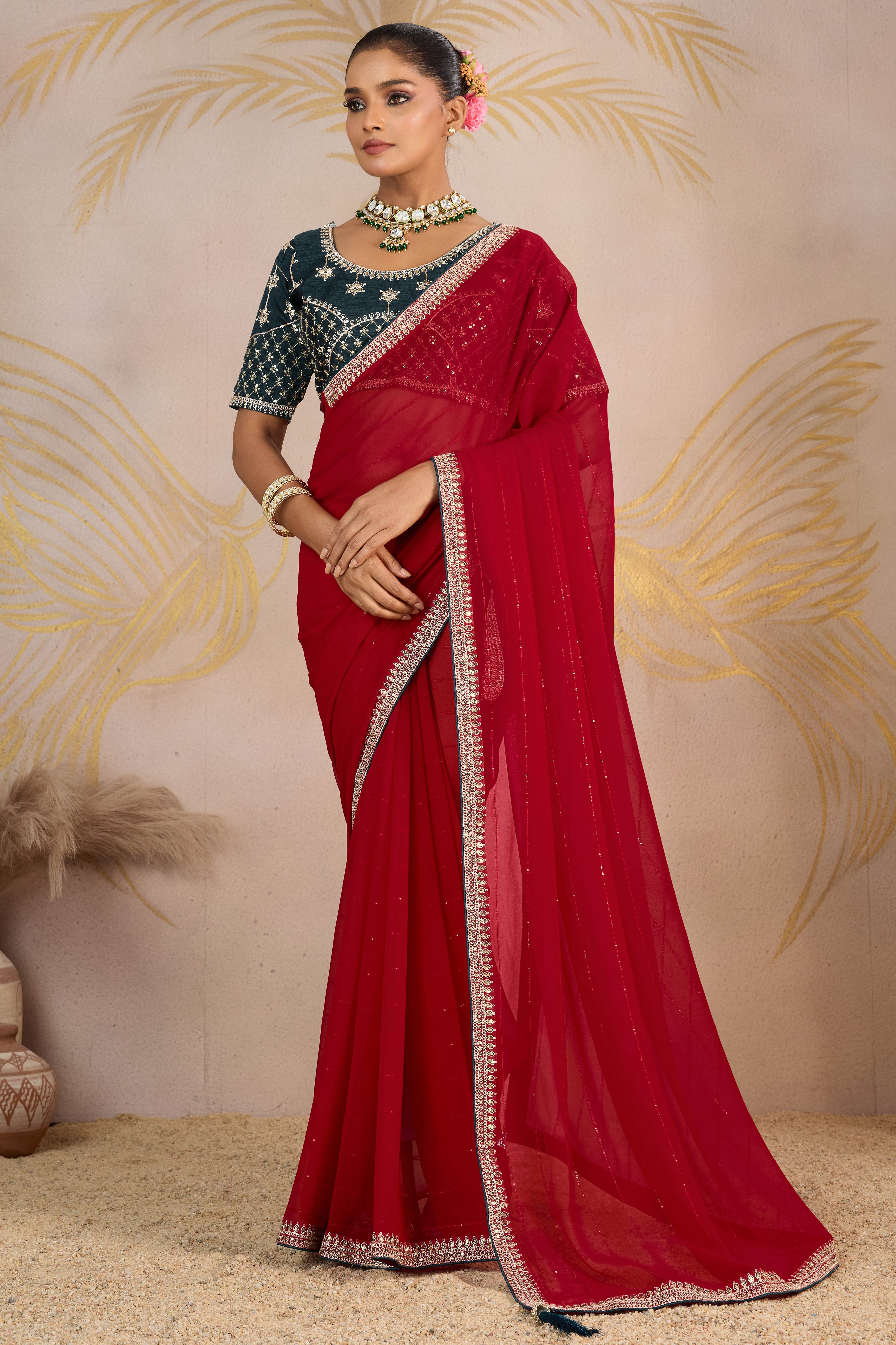 Red Zari Embroidered Georgette Saree Accented With Sequins