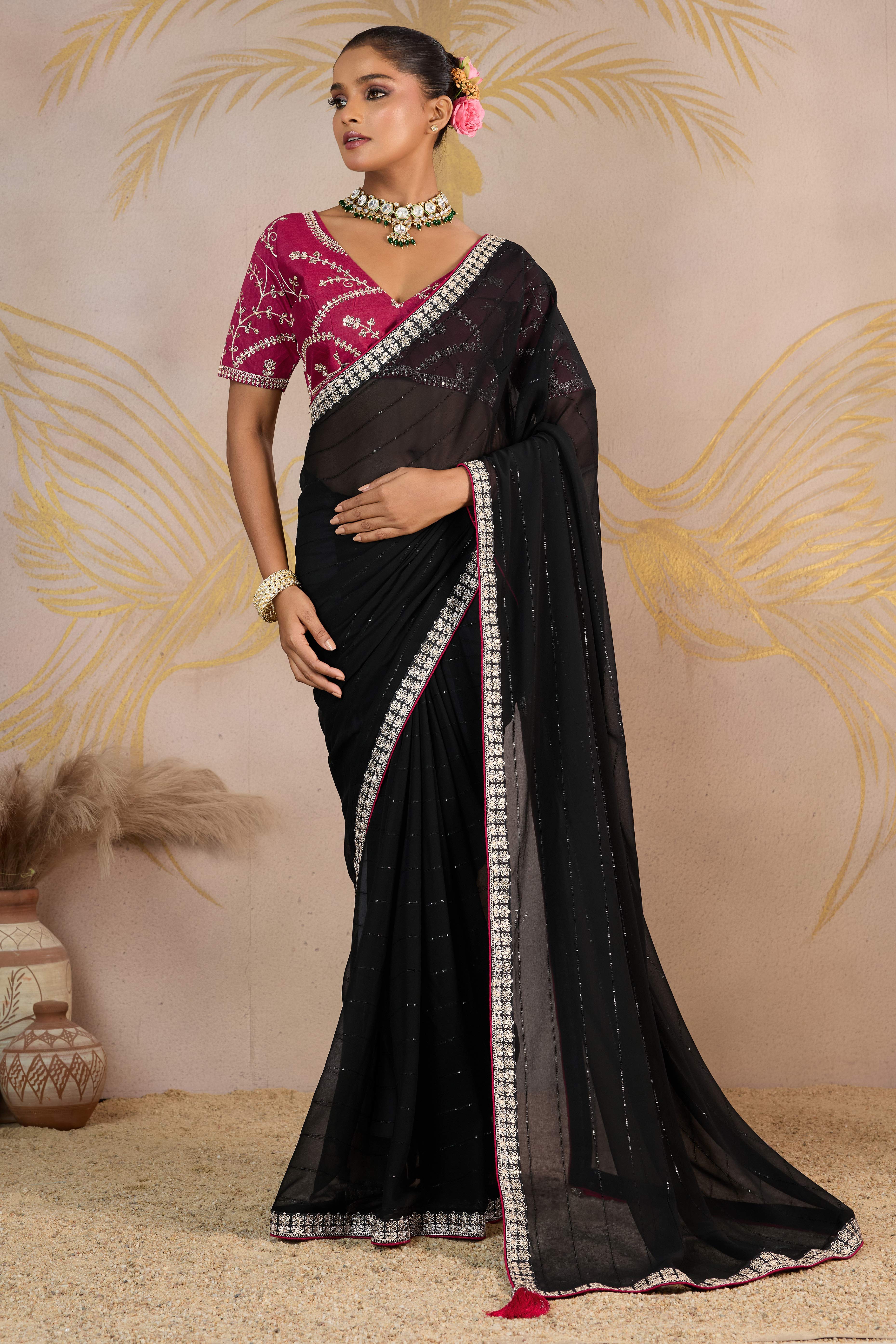 Black Zari Embroidered Georgette Saree Accented With Sequins