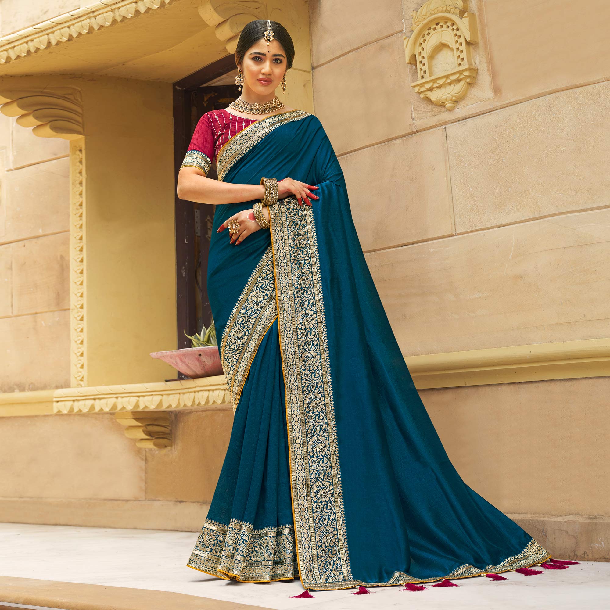 Teal Solid With Embroidered Border Vichitra Silk Saree
