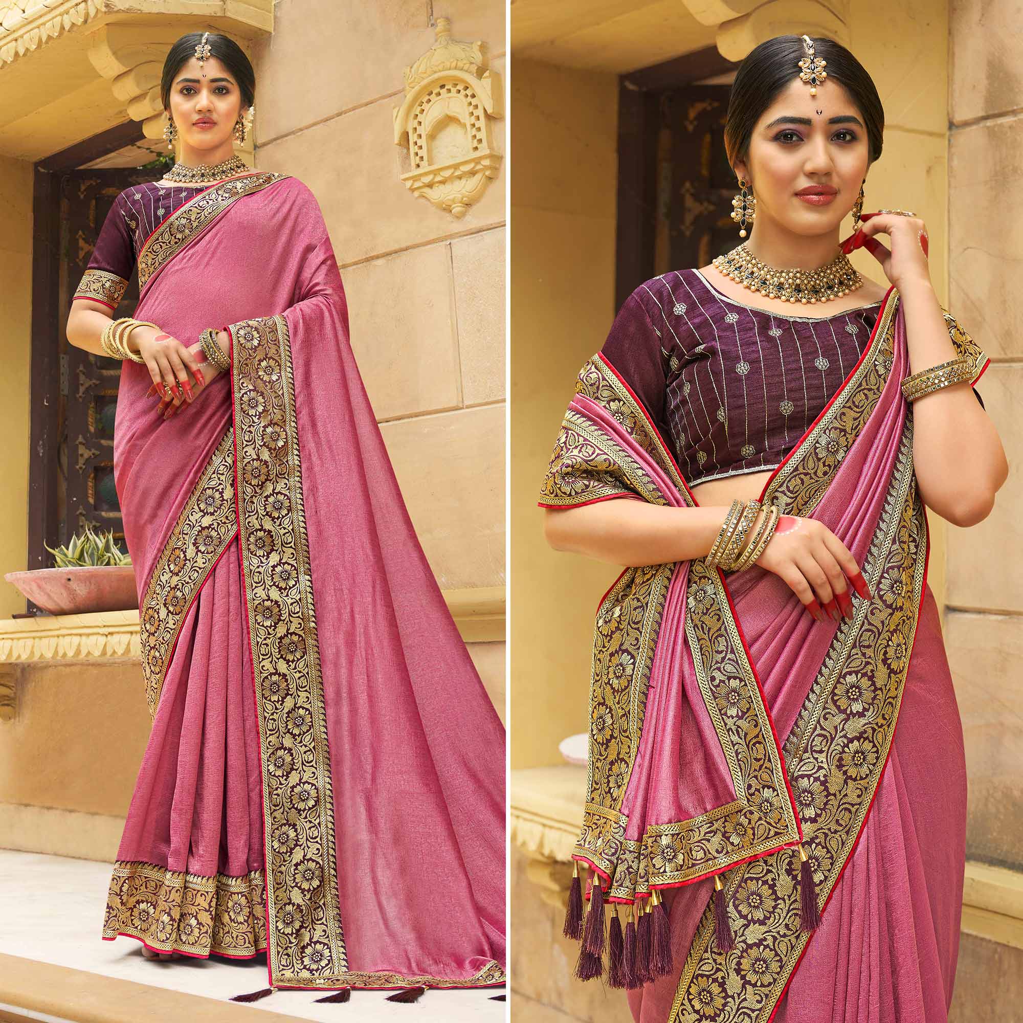 Dusty Pink Solid With Embroidered Border Vichitra Silk Saree