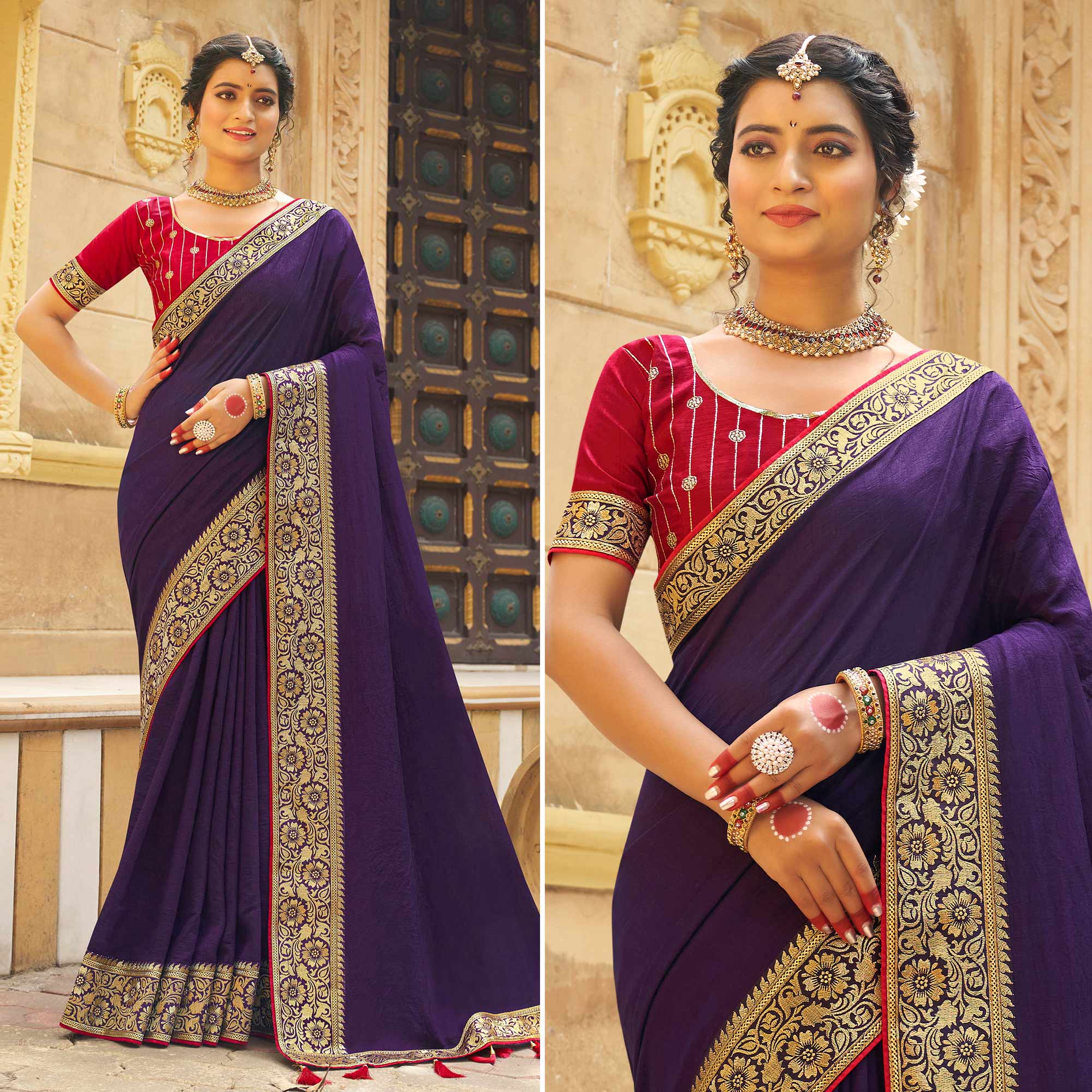 Violet Solid With Embroidered Border Vichitra Silk Saree