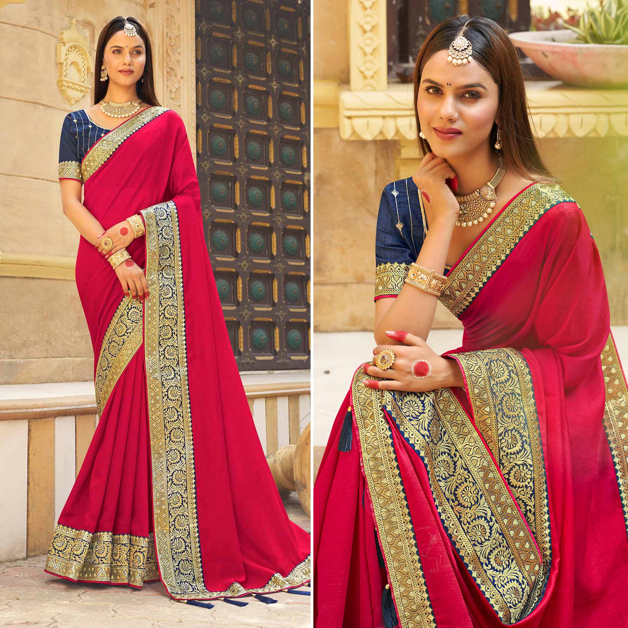 Rani Pink Solid With Embroidered Border Vichitra Silk Saree