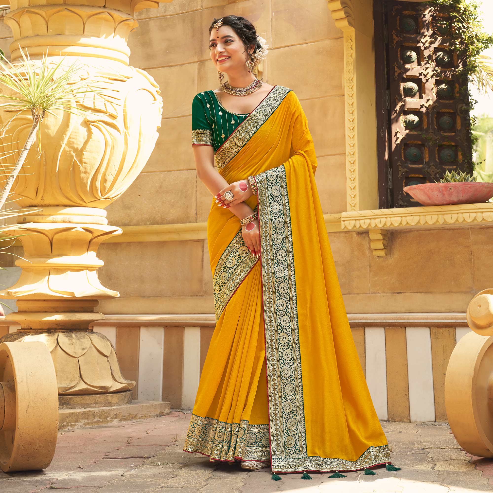 Mustard Solid With Embroidered Border Vichitra Silk Saree