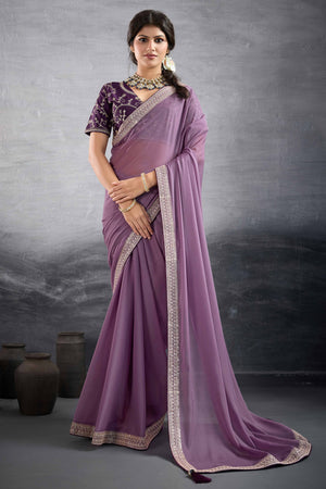 Lavender Solid Saree In Georgette With Zari & Sequins Embroidery Border