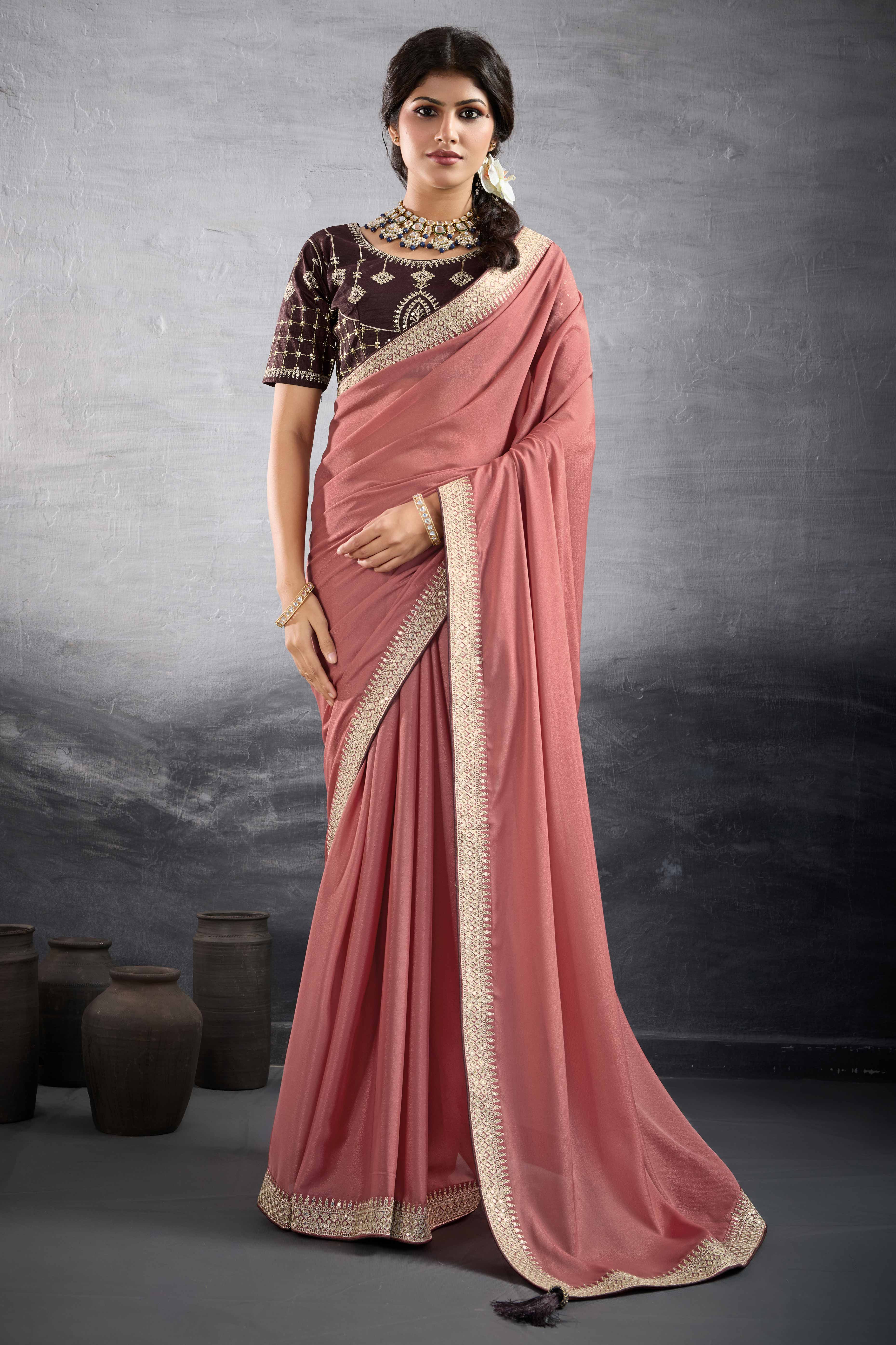 Salmon Pink Solid Saree In Georgette With Zari & Sequins Embroidery Border