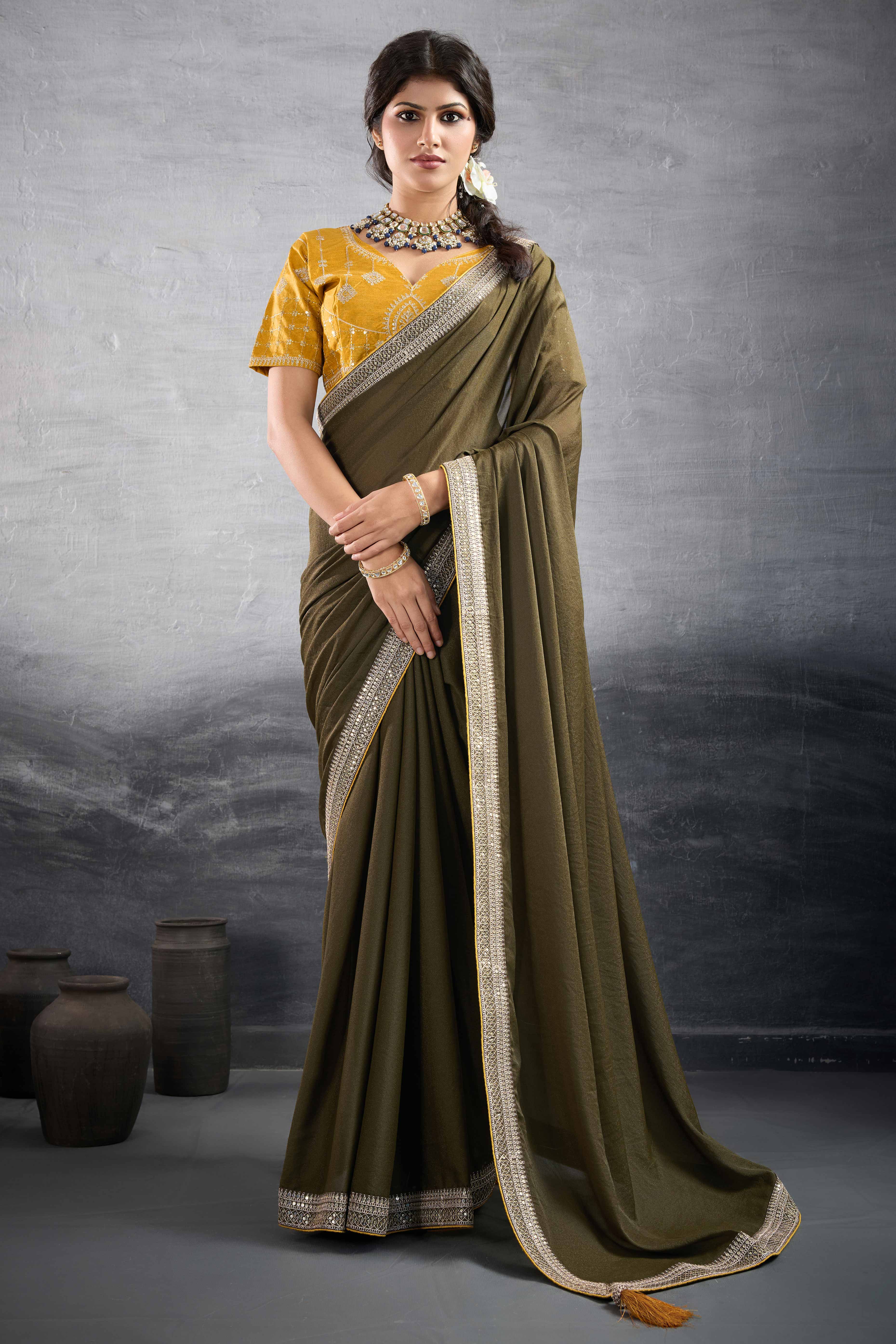 Mehendi Green Solid Saree In Georgette With Zari & Sequins Embroidery Border