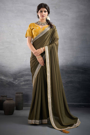 Mehendi Green Solid Saree In Georgette With Zari & Sequins Embroidery Border