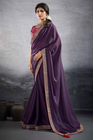 Purple Solid Saree In Georgette With Zari & Sequins Embroidery Border