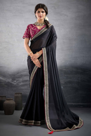 Black Solid Saree In Georgette With Zari & Sequins Embroidery Border