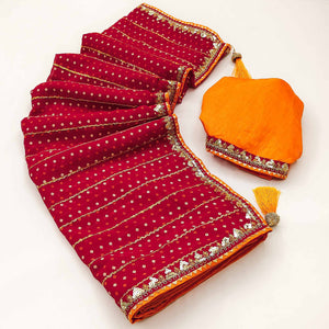 Charming Red Bandhani Printed Georgette Saree With Glittering Sequins & Zari Border