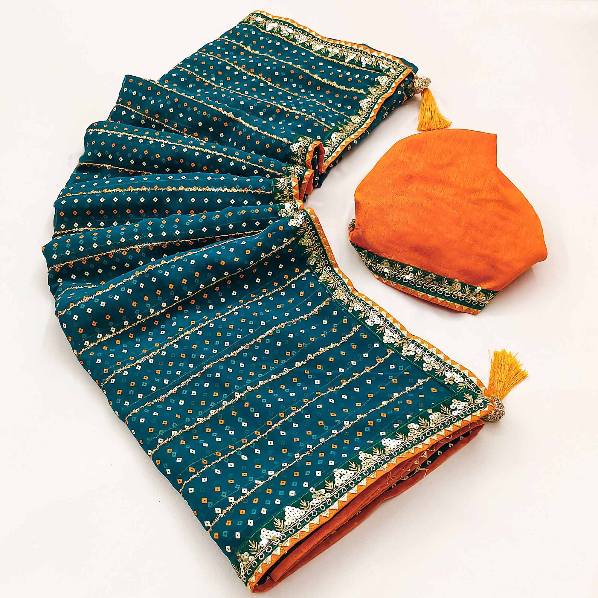 Charming Teal Bandhani Printed Georgette Saree With Glittering Sequins & Zari Border