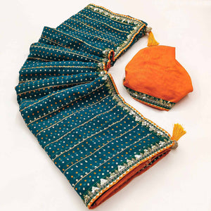 Charming Teal Bandhani Printed Georgette Saree With Glittering Sequins & Zari Border