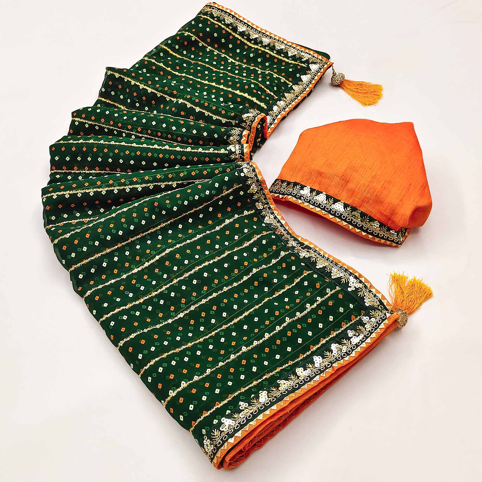 Charming Green Bandhani Printed Georgette Saree With Glittering Sequins & Zari Border