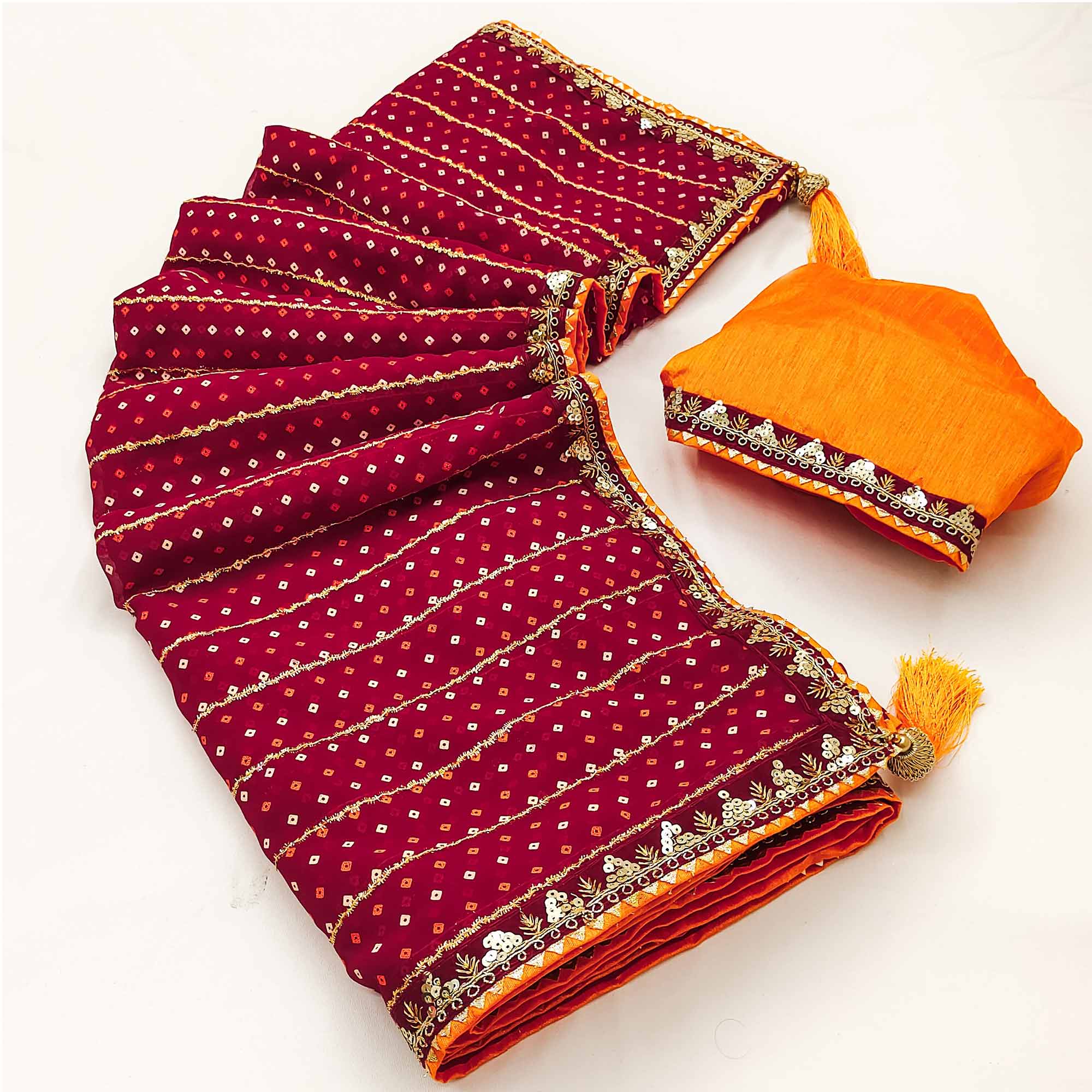 Charming Maroon Bandhani Printed Georgette Saree With Glittering Sequins & Zari Border