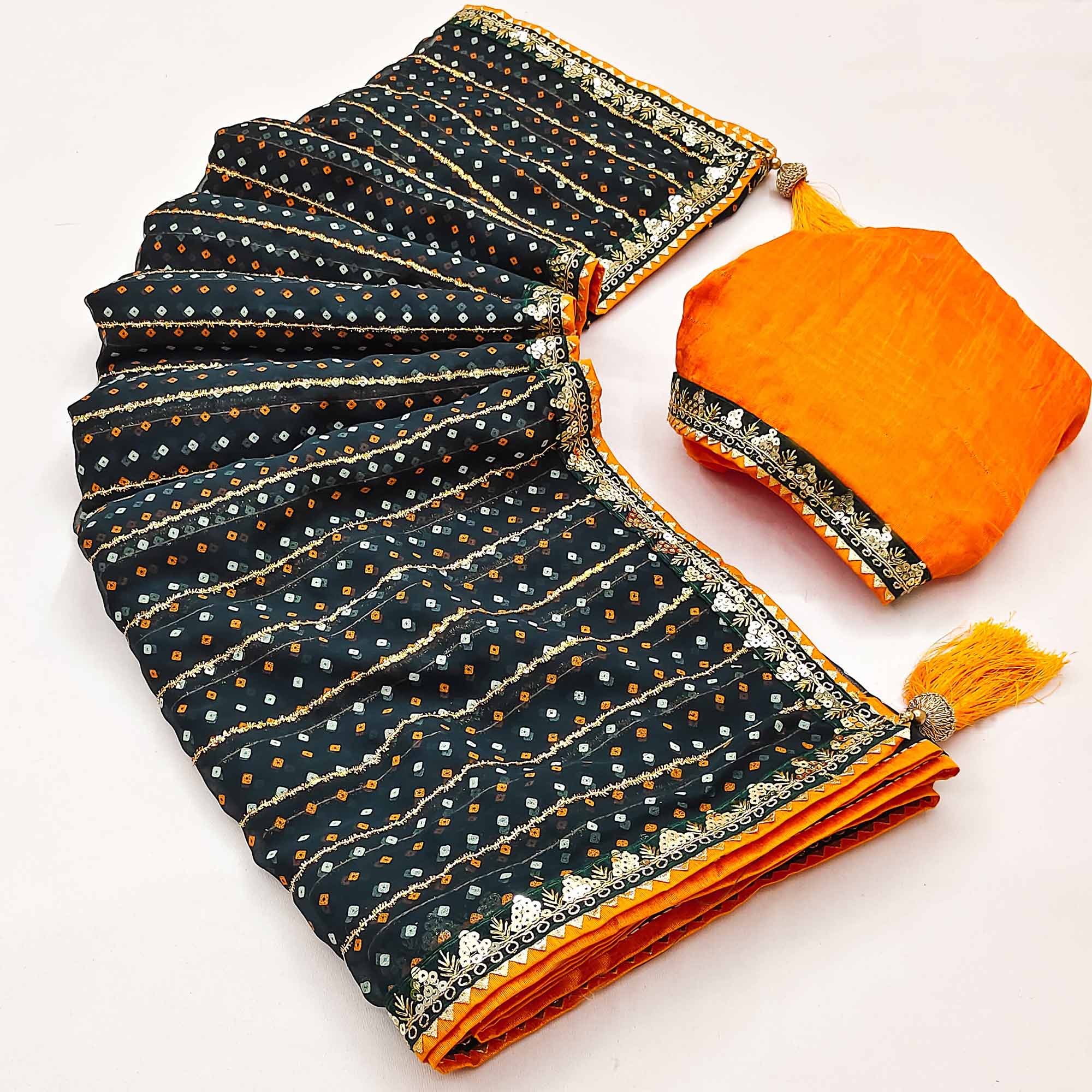 Charming Dark Teal Green Bandhani Printed Georgette Saree With Glittering Sequins & Zari Border