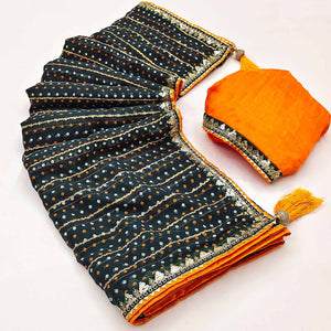 Charming Dark Teal Green Bandhani Printed Georgette Saree With Glittering Sequins & Zari Border