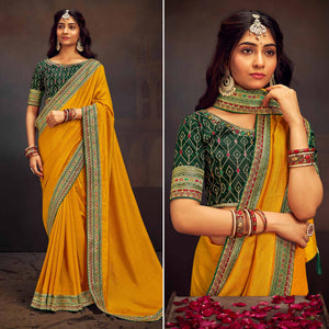 Mustard Solid With Embroidered Border Vichitra Silk Saree