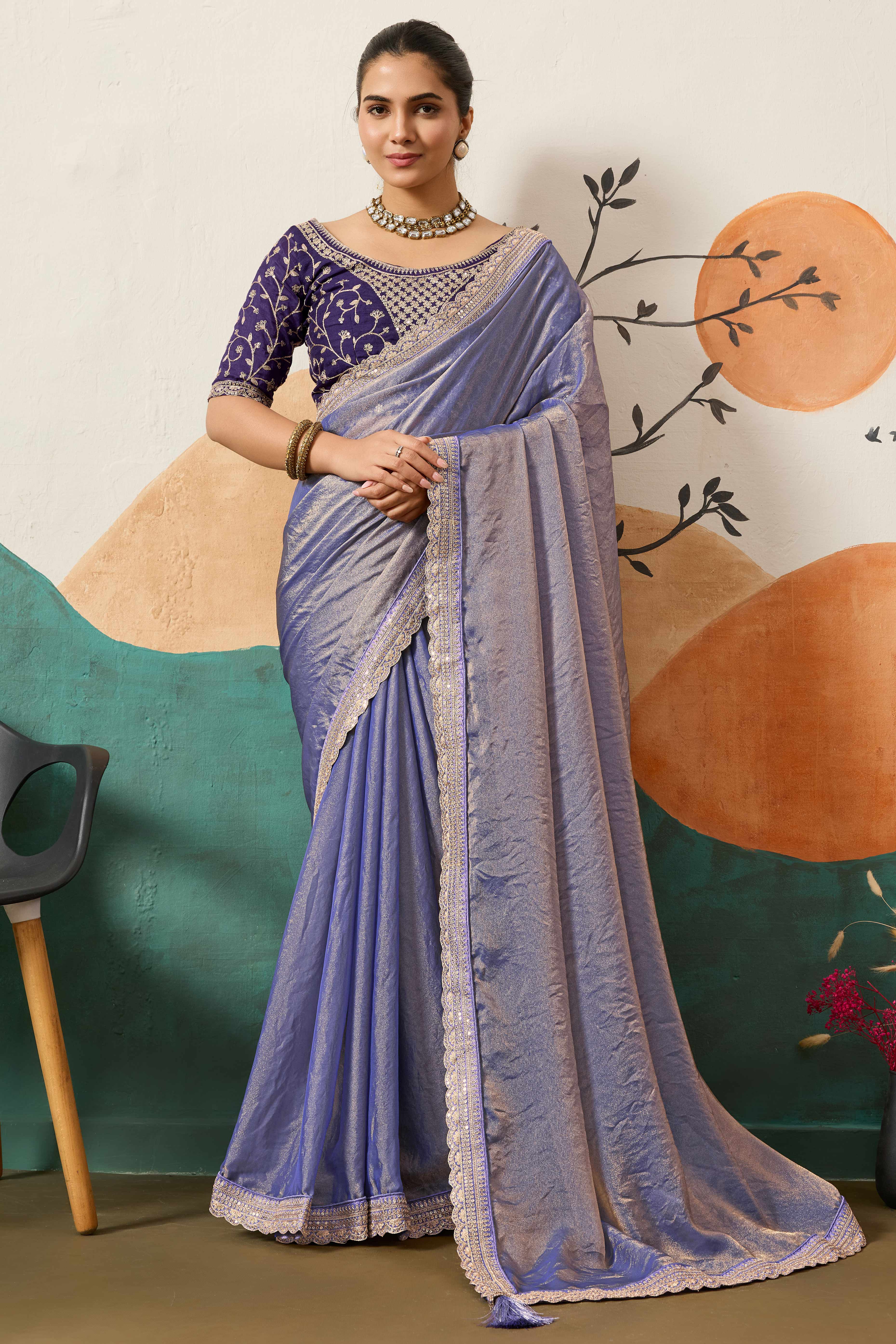 Sophisticated Lavender Solid Moss Orgnaza Saree With Intricate Cording Sequins Embroidery Border