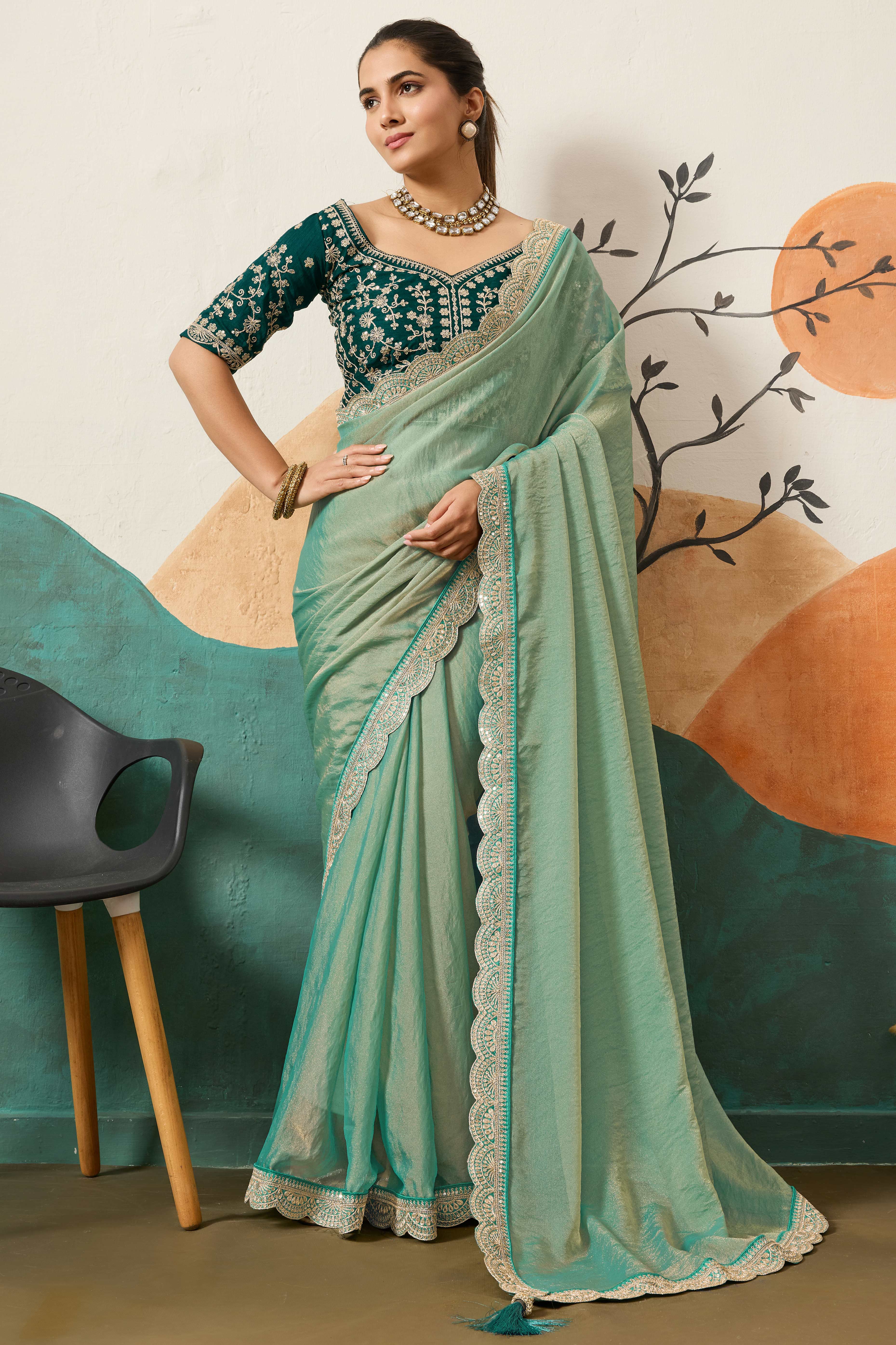 Sophisticated Sea Green Solid Moss Orgnaza Saree With Intricate Cording Sequins Embroidery Border
