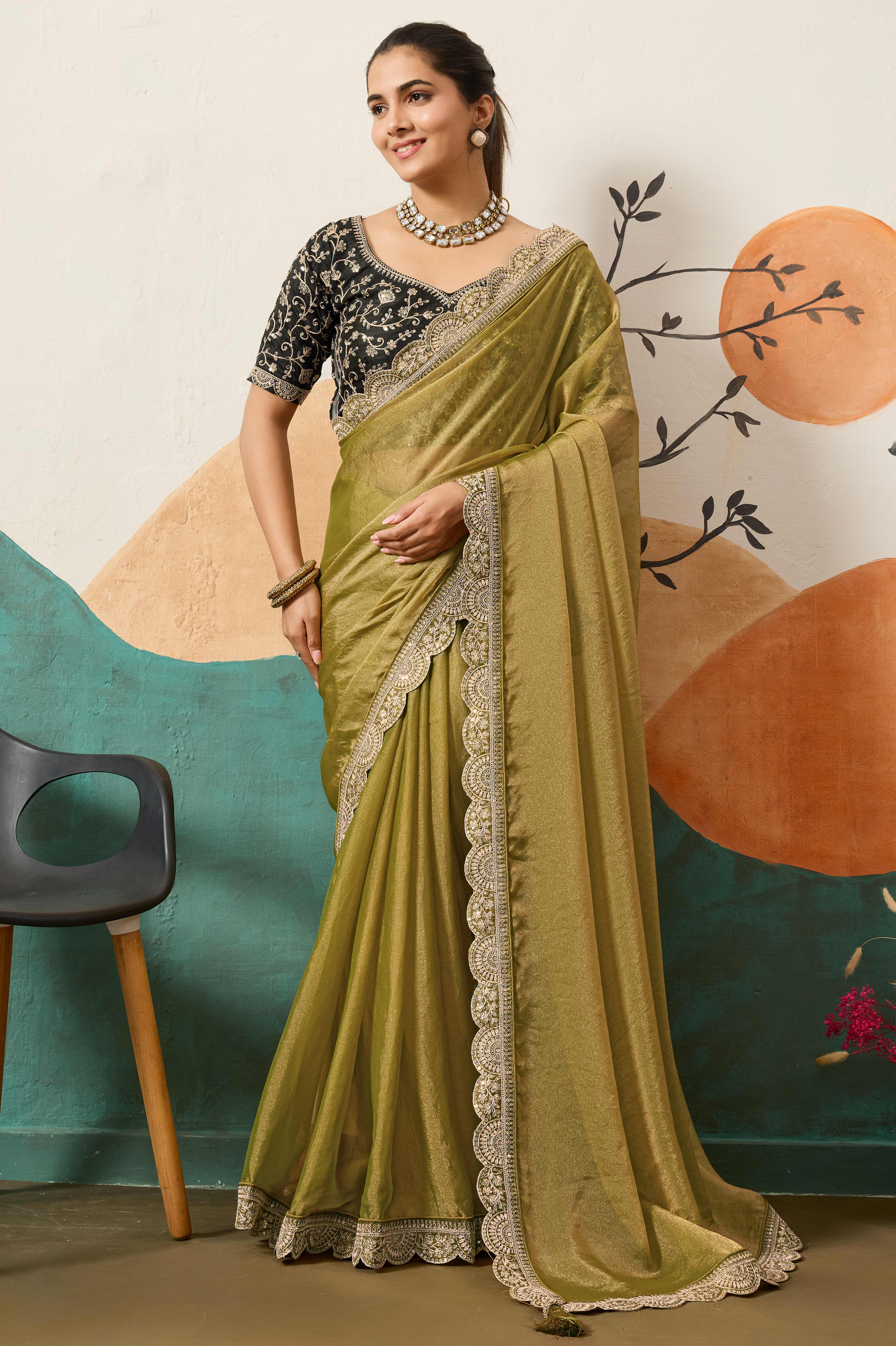 Sophisticated Olive Green Solid Moss Orgnaza Saree With Intricate Cording Sequins Embroidery Border