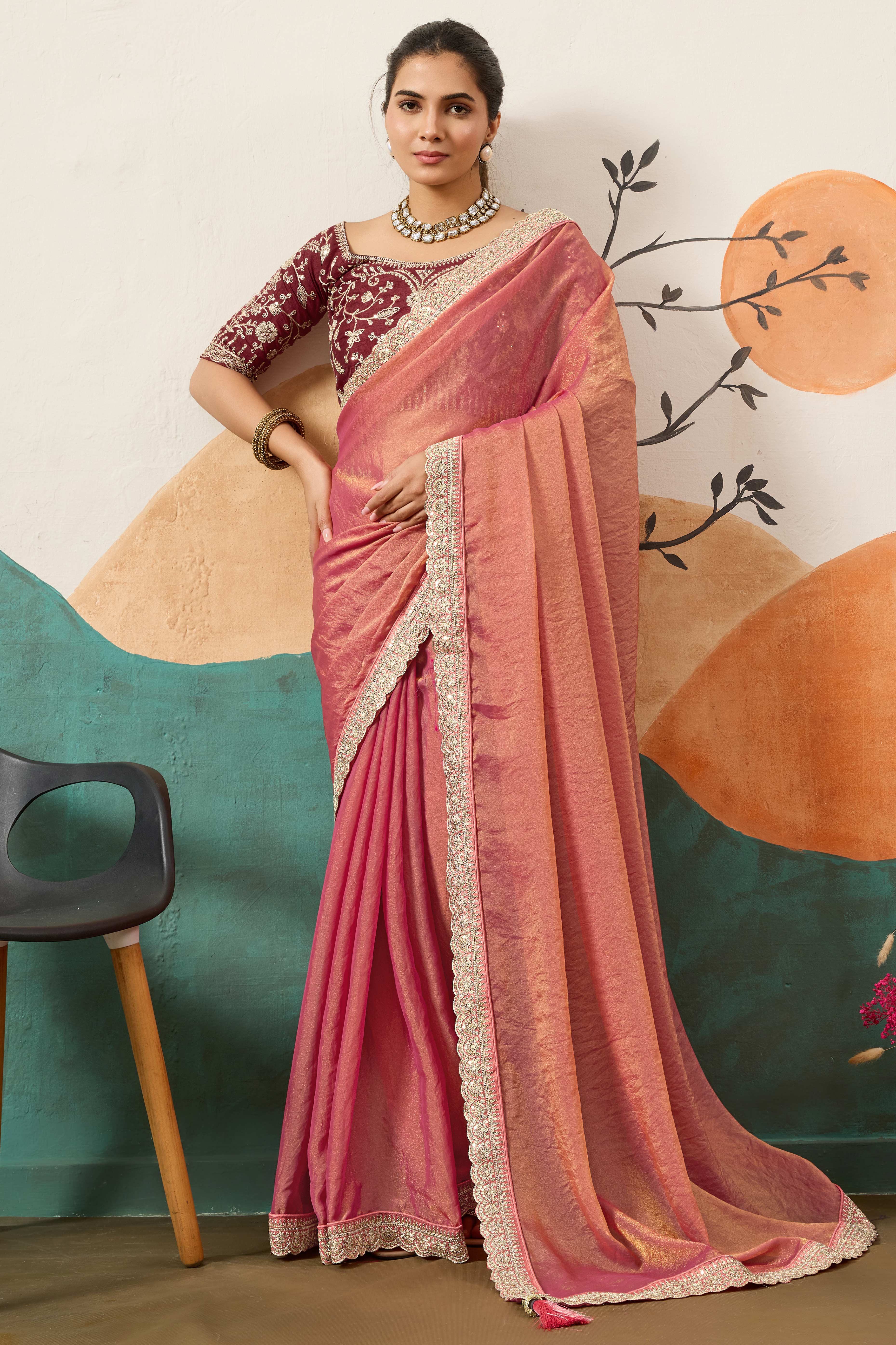 Sophisticated Gajari Pink Solid Moss Orgnaza Saree With Intricate Cording Sequins Embroidery Border