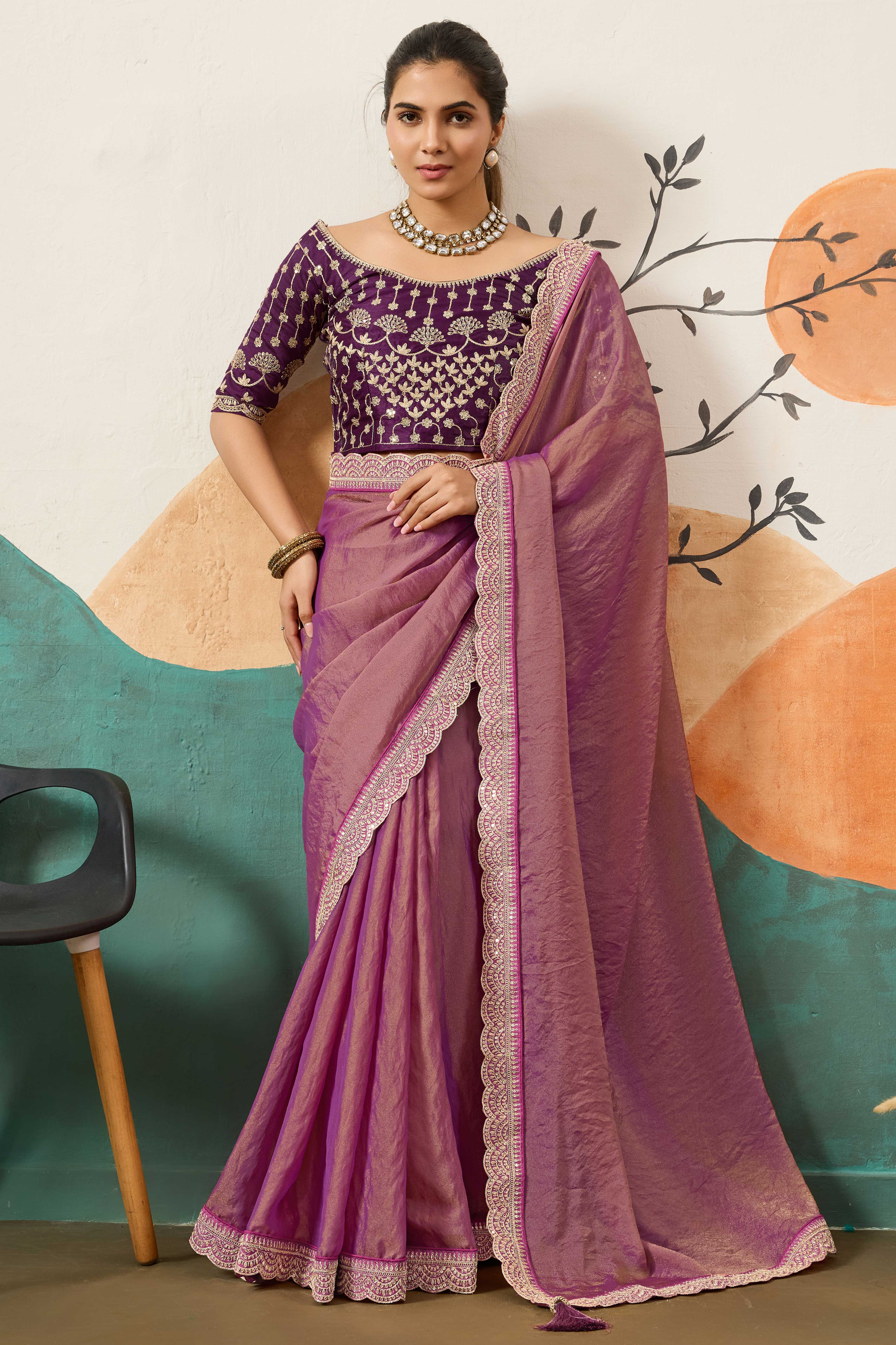 Sophisticated Purple Solid Moss Orgnaza Saree With Intricate Cording Sequins Embroidery Border