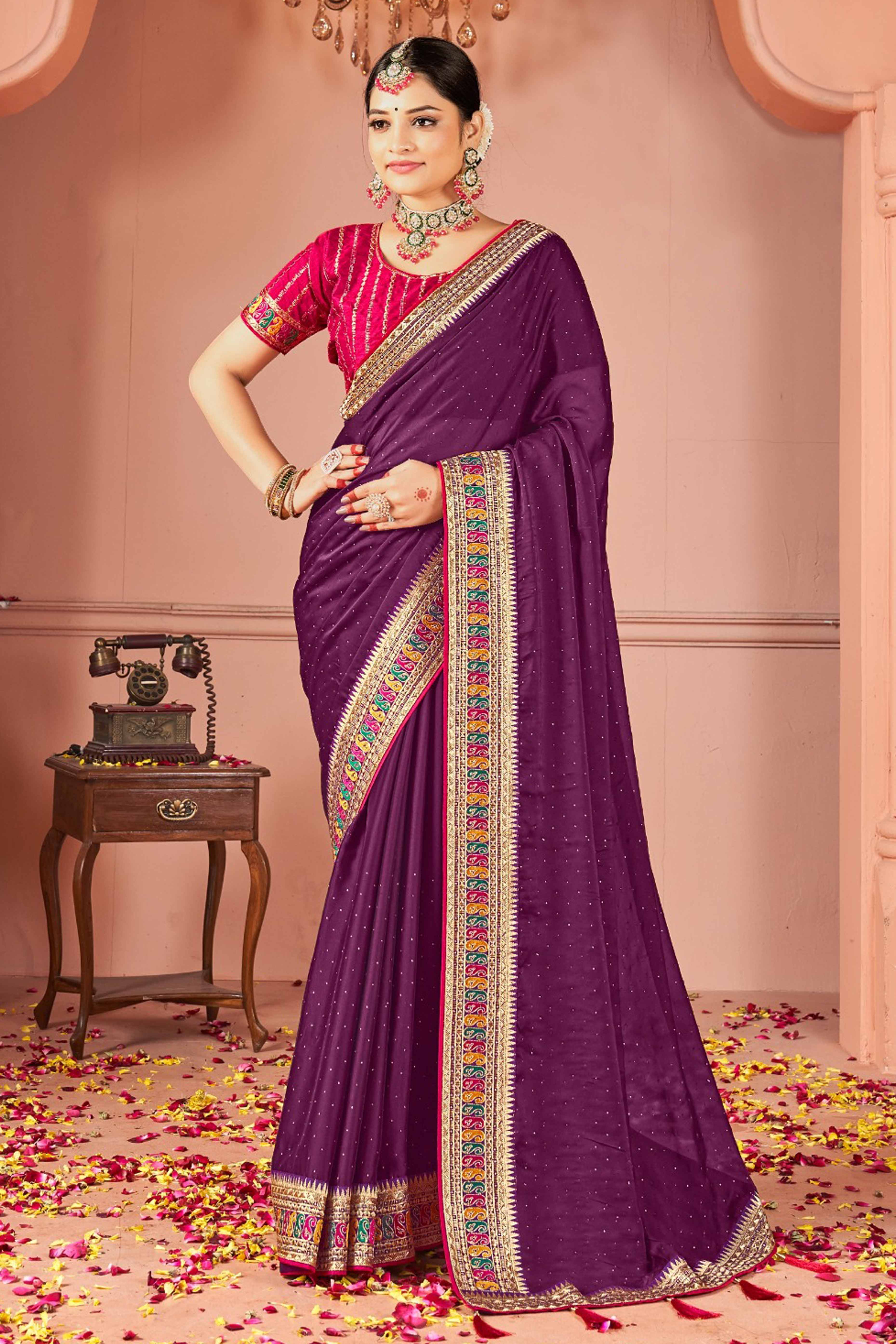 Wine Swarovski Work Satin Rangoli Saree With Embroidered Border