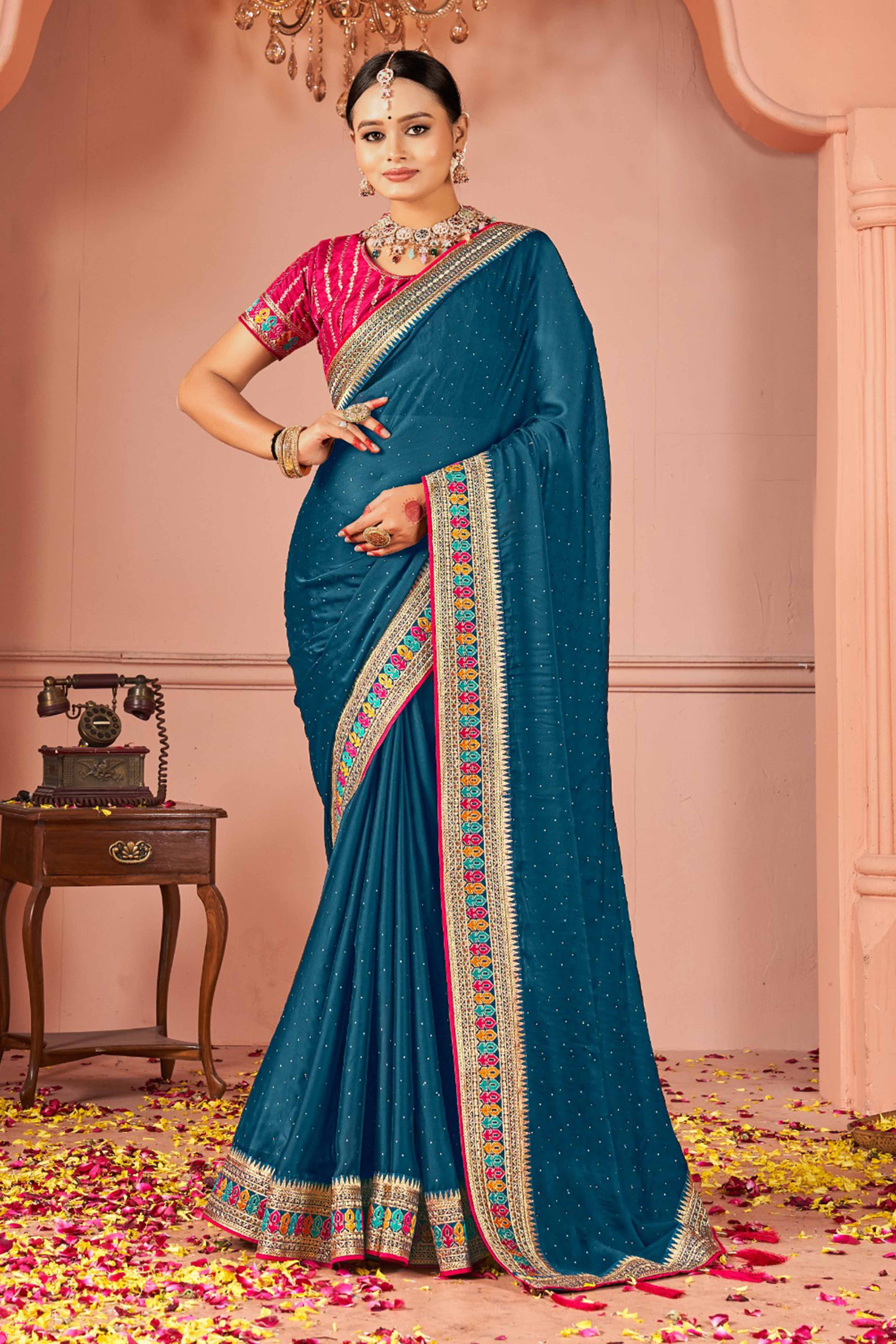 Teal Swarovski Work Satin Rangoli Saree With Embroidered Border