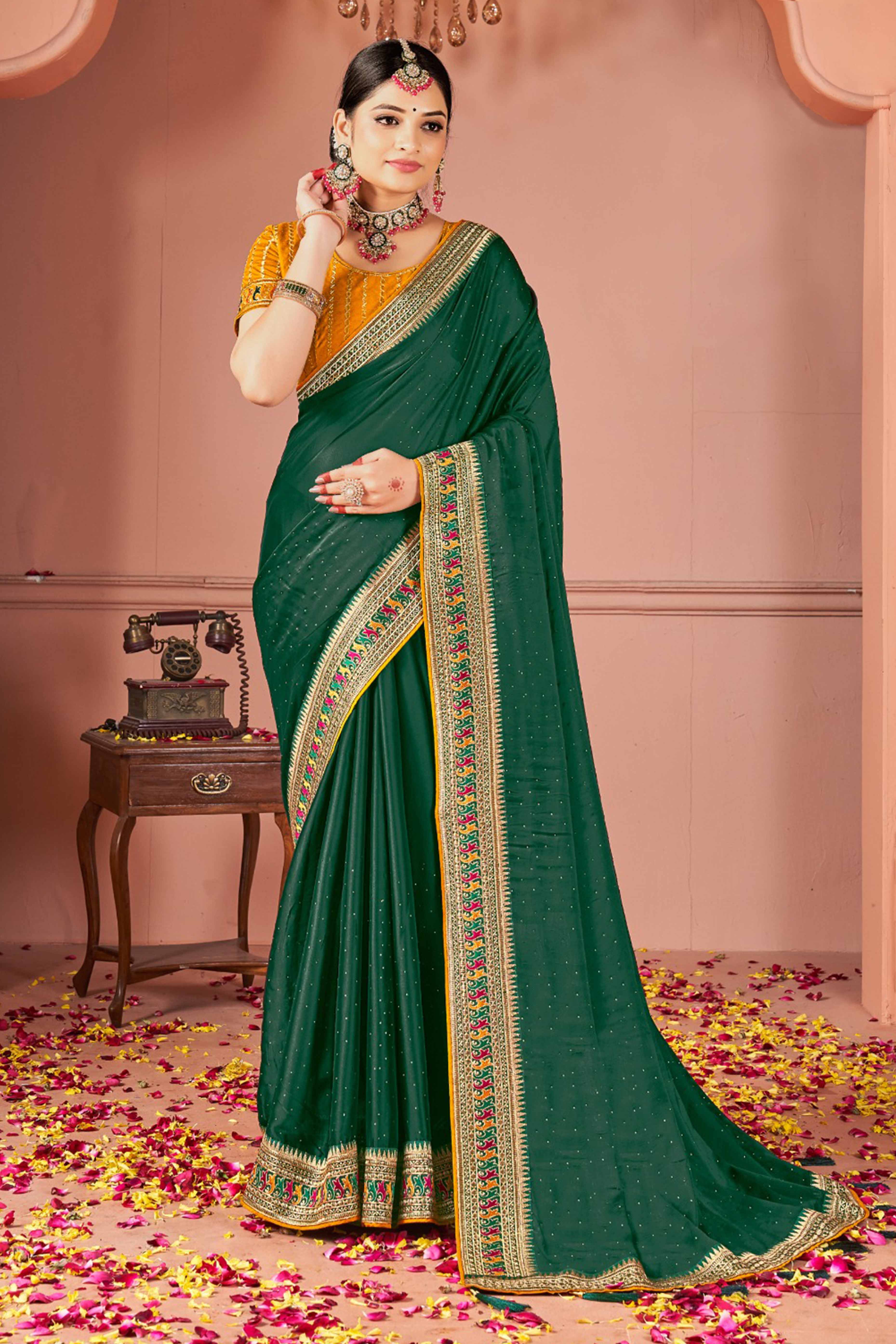 Green Swarovski Work Satin Rangoli Saree With Embroidered Border