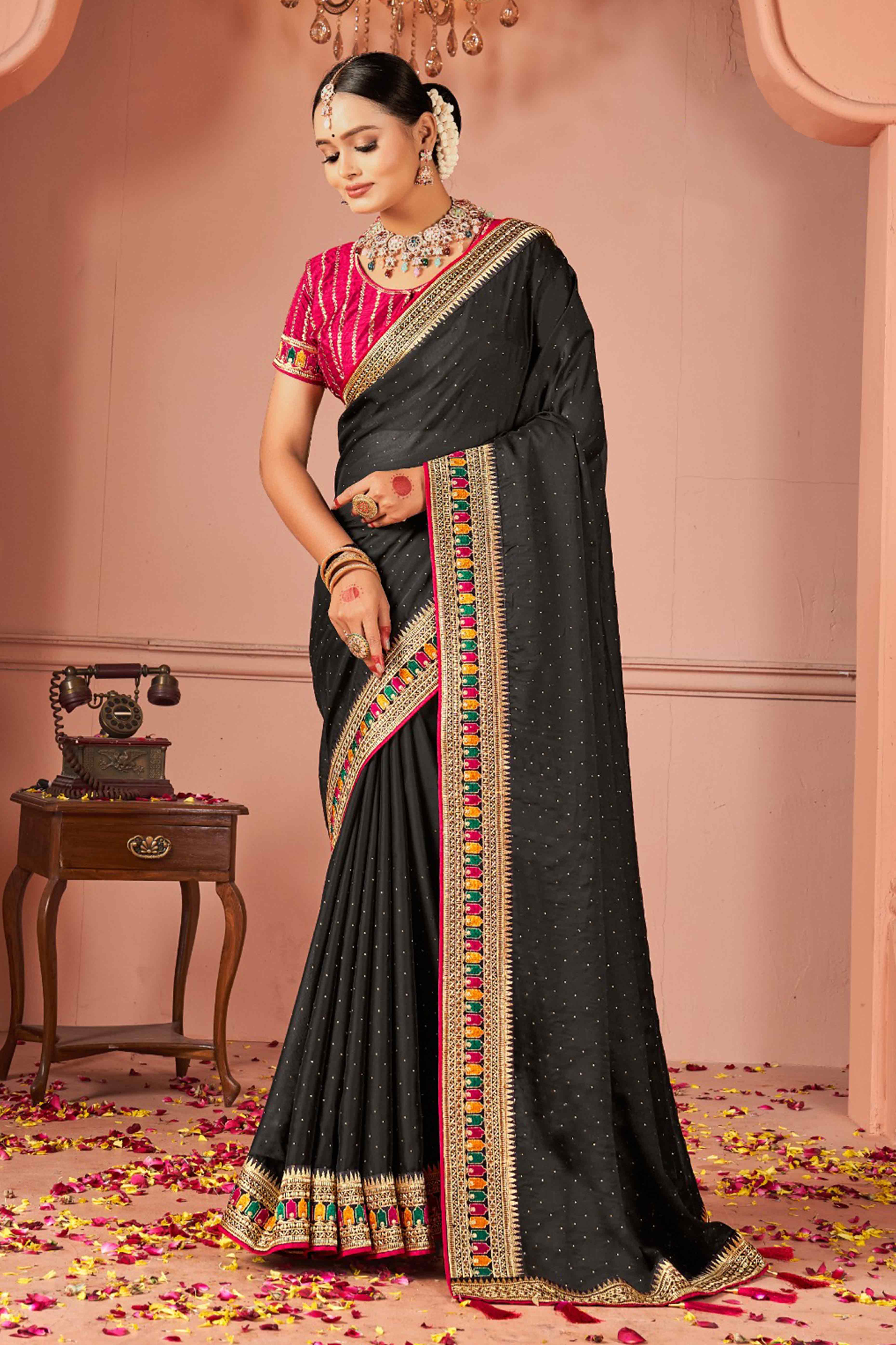 Black Swarovski Work Satin Rangoli Saree With Embroidered Border