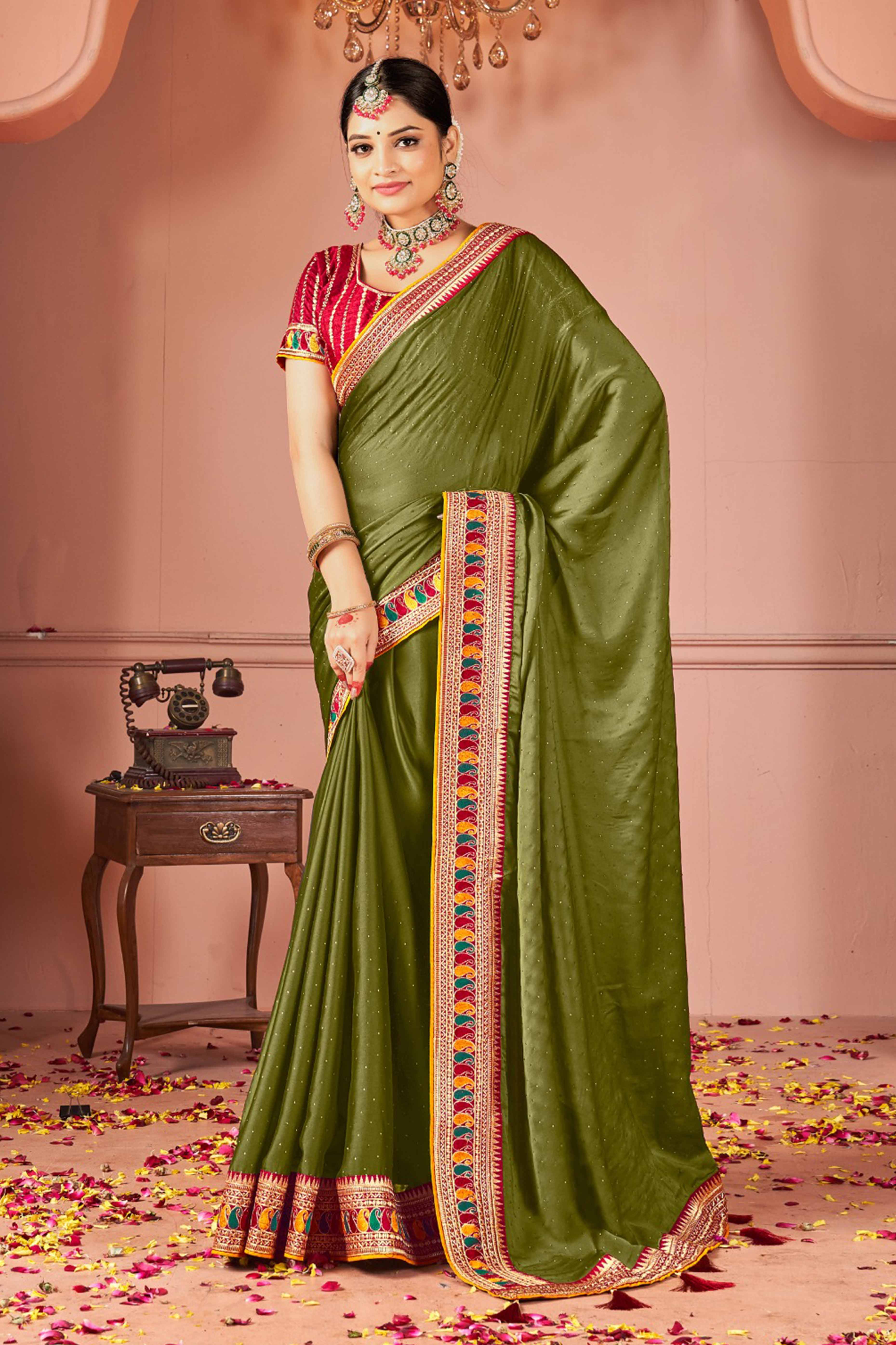 Olive Swarovski Work Satin Rangoli Saree With Embroidered Border