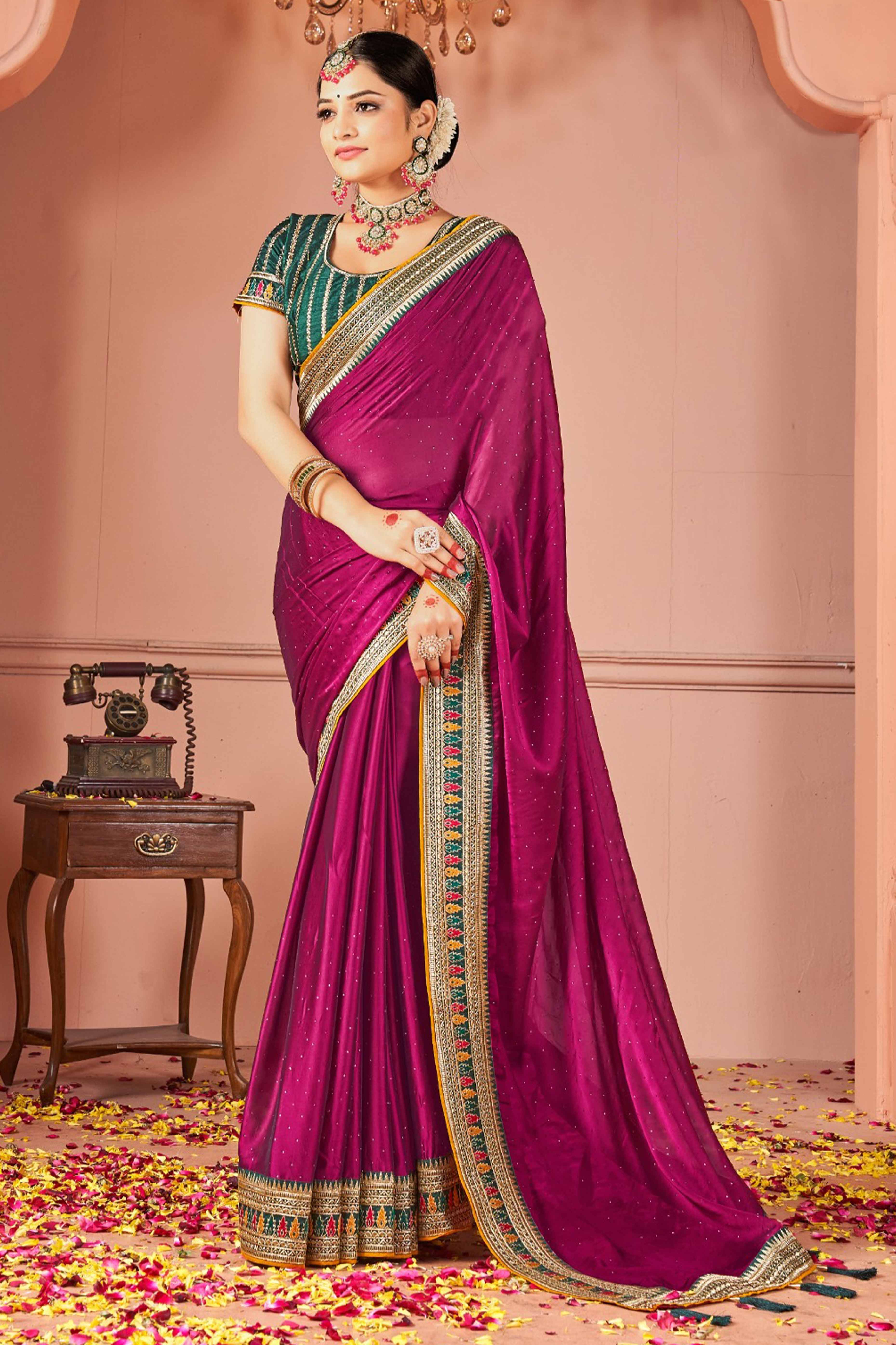 Magenta Swarovski Work Satin Rangoli Saree With Embroidered Border