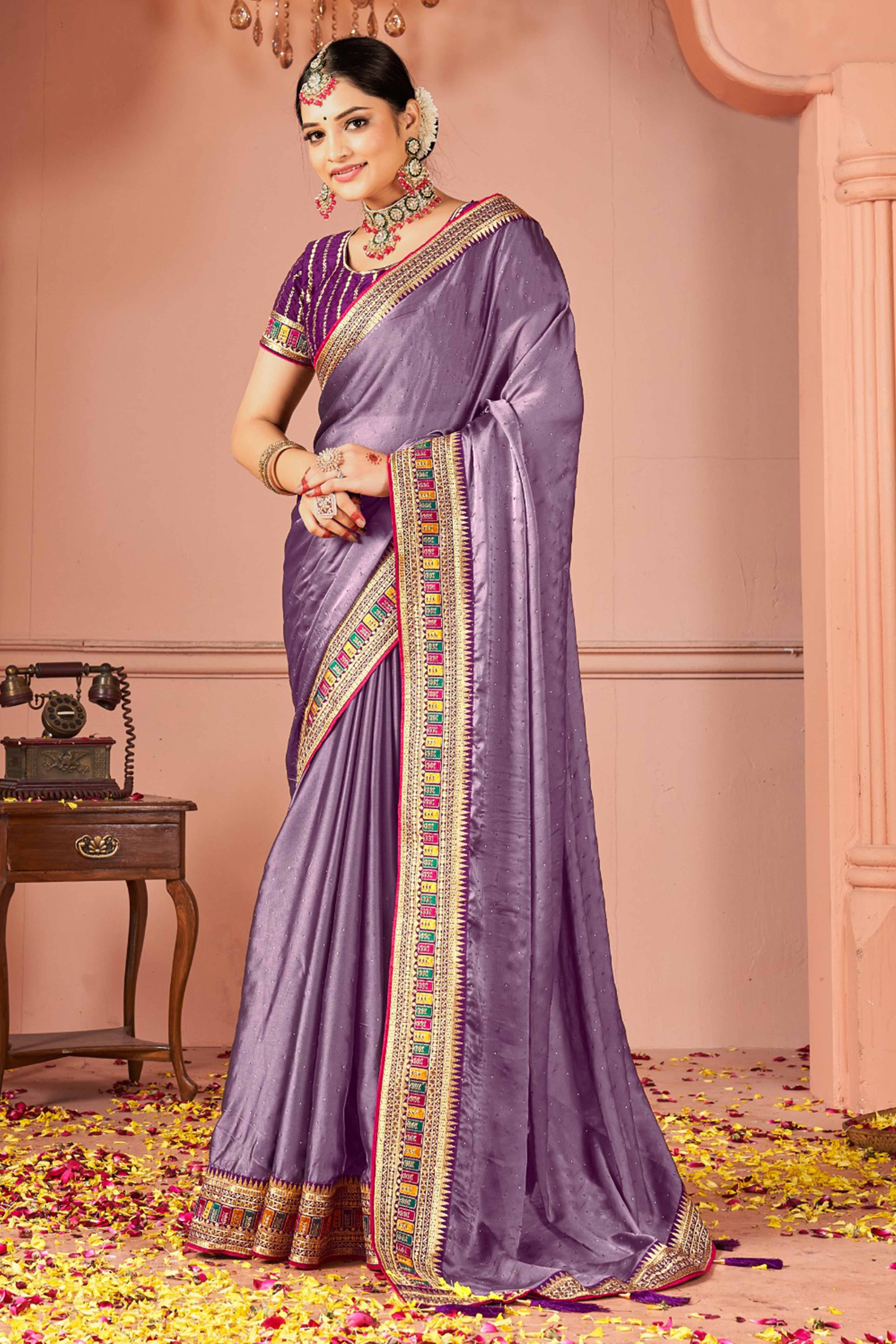 Lavender Swarovski Work Satin Rangoli Saree With Embroidered Border