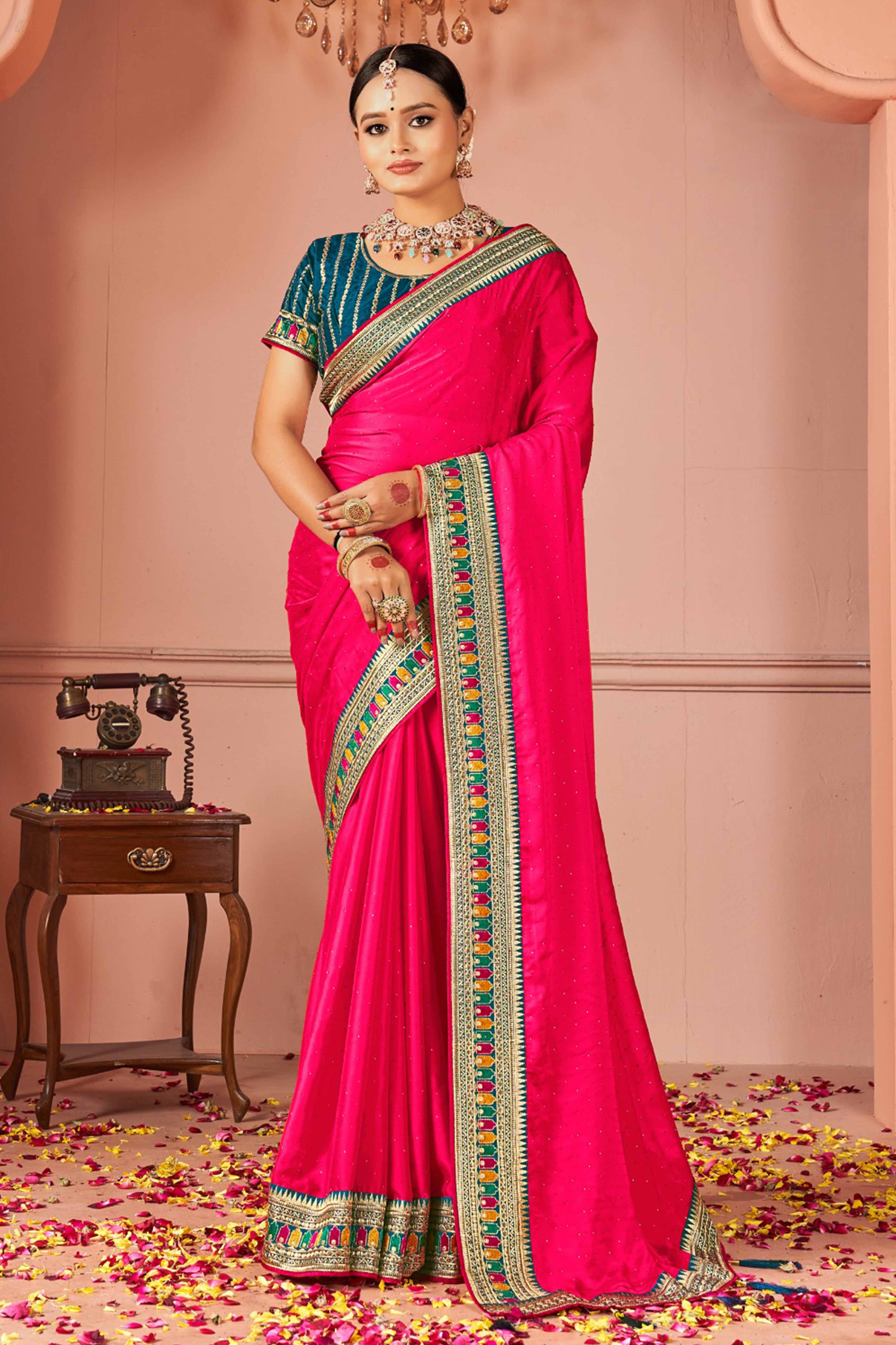 Pink Swarovski Work Satin Rangoli Saree With Embroidered Border