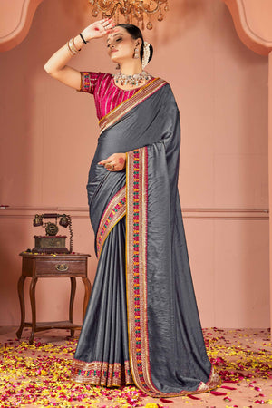Grey Swarovski Work Satin Rangoli Saree With Embroidered Border