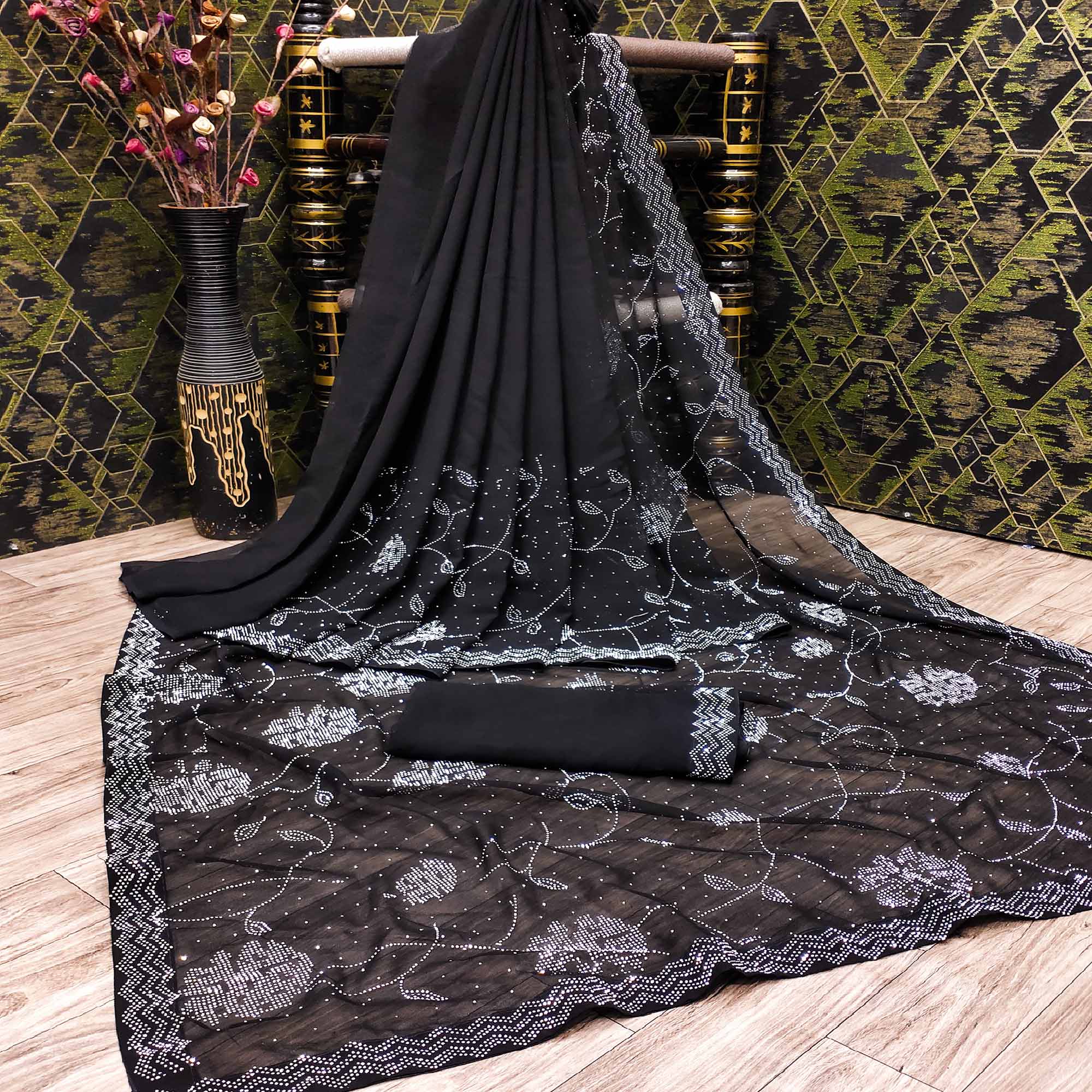 Black Swarovski Work Georgette Saree