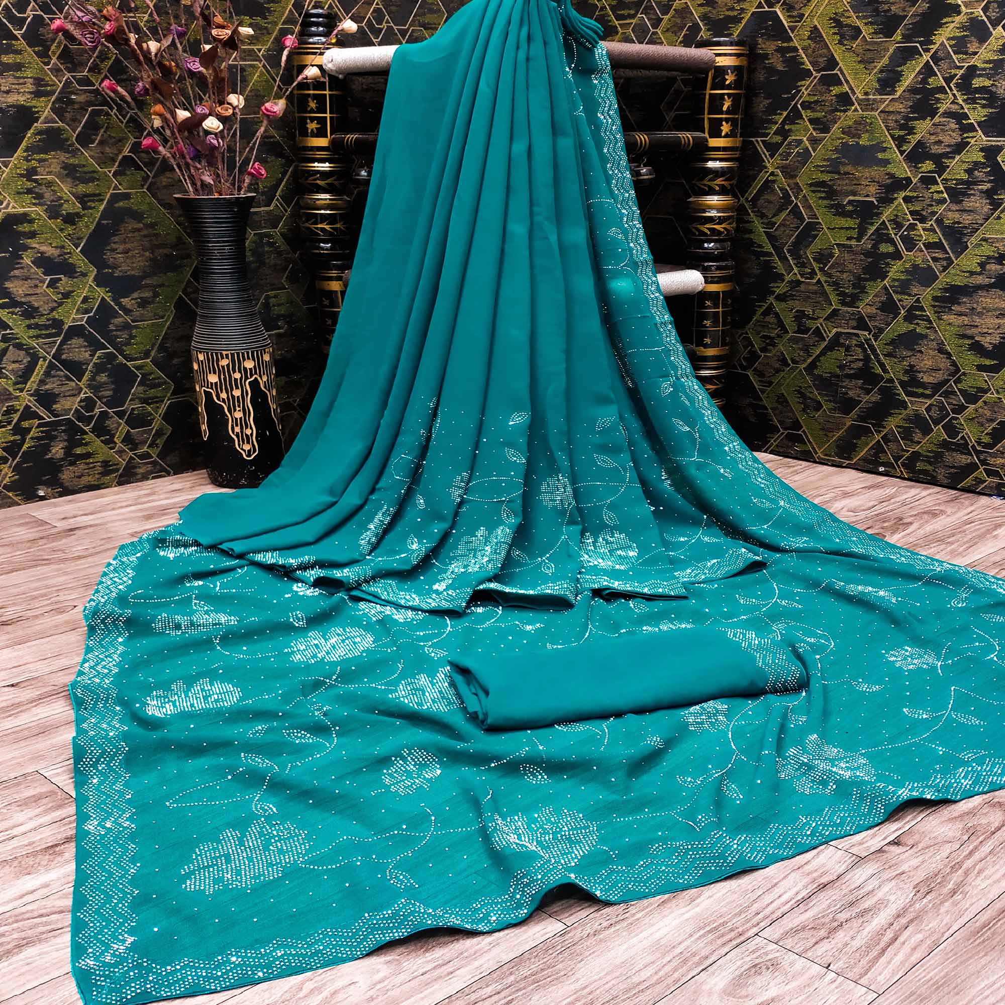 Turquoise Swarovski Work Georgette Saree